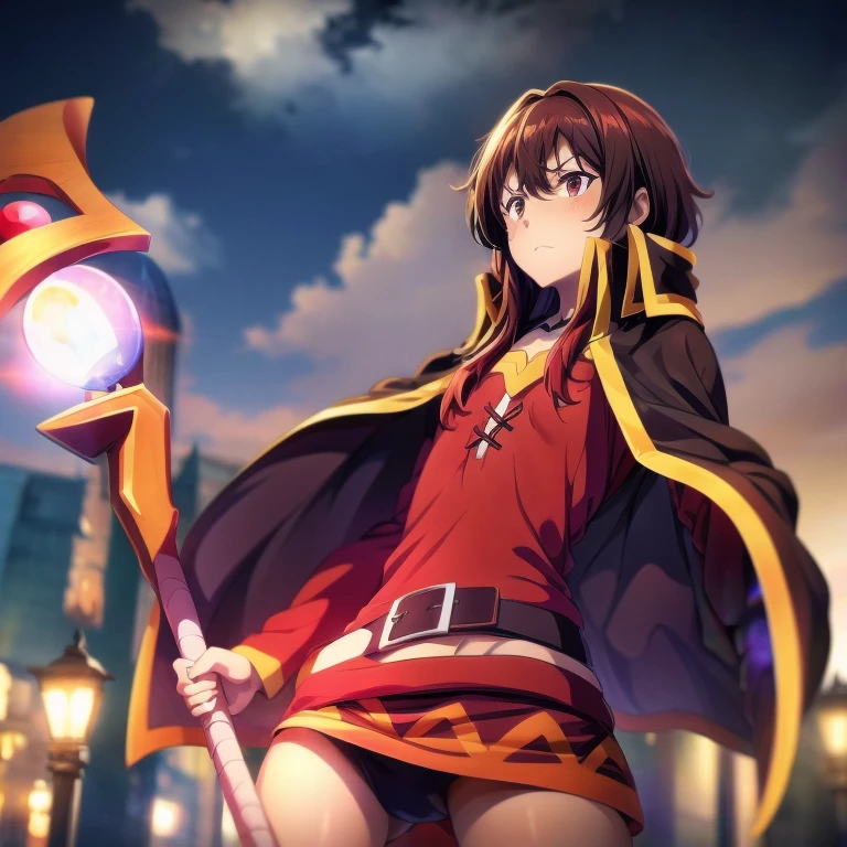 Megumin, magical explosion, fiery red hair, detailed eyes, staff in hand, confident and determined expression, black cloak billowing in the wind, intense battle pose, arcane symbols glowing, majestic background, sparks and flames, vibrant colors, high contrast, dynamic lighting, anime style, (konosuba), shamale, futa, down shot, frontal, sin calzones, whit dick, verga al aire, rostro perfecto, obra maestra.