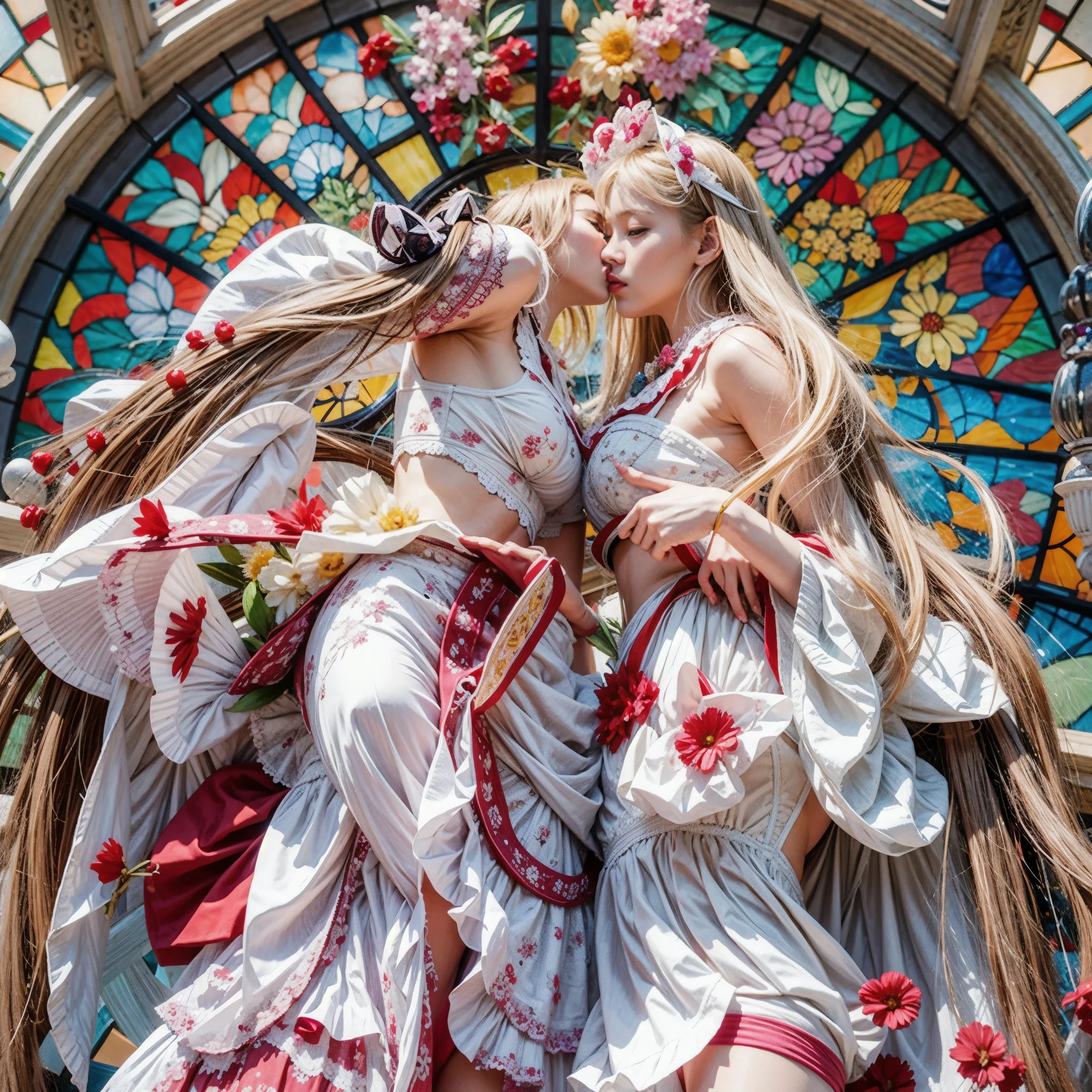 (NSFW:-1) . White and Red, (Dazzling colorful light pours down and reflects:1.2), (Physically-based Rendering with incredible detailed Textures), Award-winning Masterpiece of professional Analogue photograpy, { (((Photorealistic:1.37))) | (F4.0, Canon) }, ((Acutance:0.85)) . (A group photo of many KAWAII girls in (school uniform)) with opened Overflowing Gigantic Cleavage without bra . (((Extremely detailed KAWAII face variations)) with joyful expressions), { Systemic | Glossy cute Lips Closeup | Navel | (pretty Ass) | (Overflowing underboob) | Oiled ivory skin Details | White panties with (blood seeping only in crotch area) | (full of Flowers covering girl's body) | ((Dazzling colorful stained glass with stunning elaborate details:1.2)) | Mystic sight | A Floating Halo appears | God rays | Haze | Lens flare | Zoom Layer | Kissing face to face } . Ultra-detailed, (Exposed:0.8), (((no extra limbs, nipple:-0.9))), ((not Detailed hand:-0.9)) .