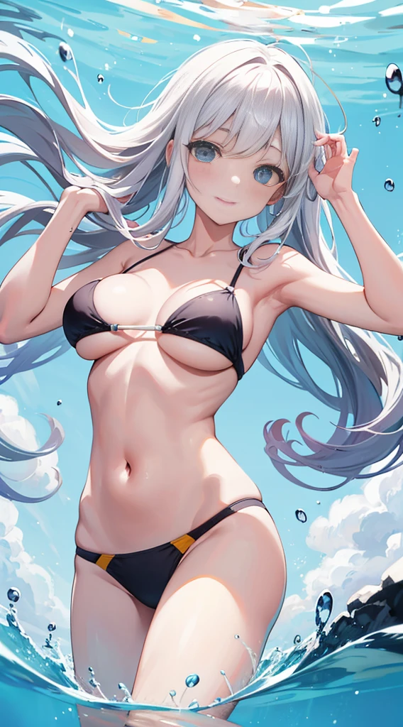 swim wears、The navel is visible、I can see my stomach, view the viewer, Maniacal, messy long hair, Beautiful detailed eyes,Radiant hair,White hair、Dramatic Angle, lively breasts,lightsmile,The mouth is closed,partial underwater shot...