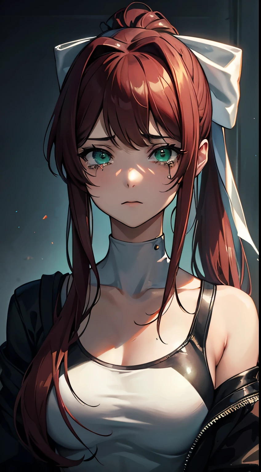 masterpiece, high detailed eyes, high detailed clothes, depressive, sci-fi, cyberpunk, anti-utopia, 1girl, solo, portrait, monika, (green eyes), brown hair, very long hair, ponytail, hair ribbon, white ribbon, face view, crying girl, tears, crying face, tears streaming down on face, looks at the viewer straight into the soul, misunderstanding in the eyes, cyber_mark, facial mark, cyborg, (cyberpunk style:1.3), dark lighting, white tank top, a unbuttoned black leather jacket