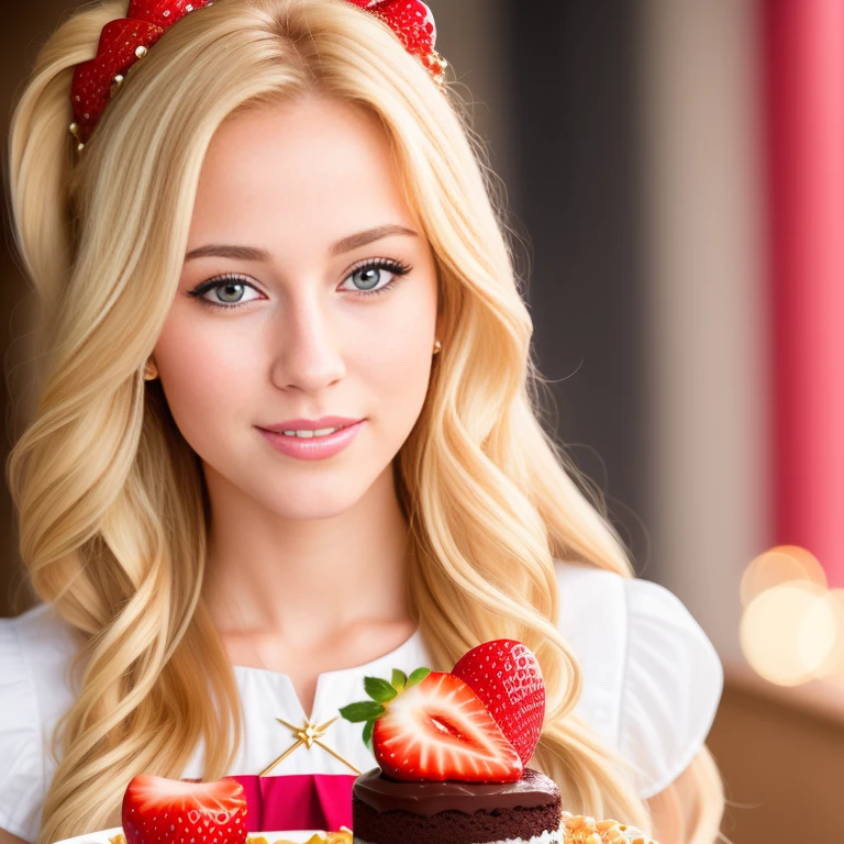 (best quality,4k,8k,high res,masterpiece:1.2),ultra-detailed, photorealistic, flaxen blonde hair,long hair, Mature and beautiful, realistic depiction:1.2 Sailor Moon eating chocolate strawberry cake
