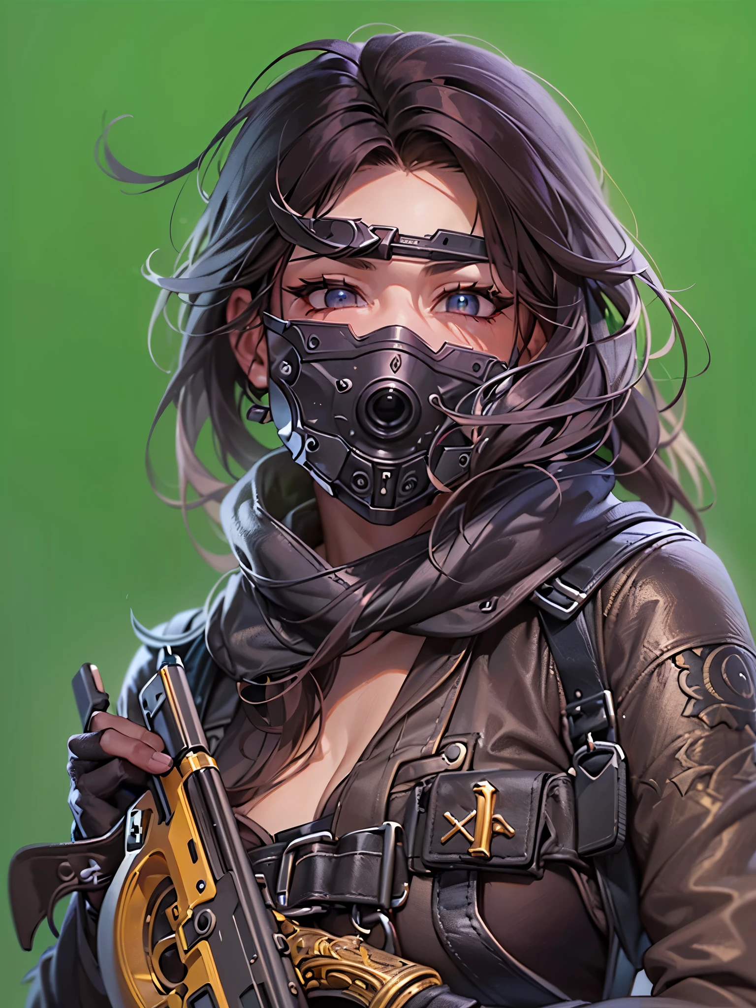 ((Finest quality)),(超A high resolution),(ultra-detailliert),(Meticulous portrayal),((Best CG)),(Finest works of art),Ultra-Precision Art,The art of astounding depiction,(Fantasy art with detailed depictions:1.5), (one female gunman:1.7),confident grin:1.5,Beautiful and well-groomed face:1.6, gun muzzle pointed at viewer:1.8