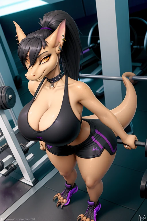 uploaded on e621, explicit content, 3d, (bastika, cutesexyrobutts, hioshiru), female, lizard, thick thighs, huge butt, futuristic, (scalie), clawed feet, round wide hips, thicc ,(Anthro), slim waist, curvy, (Slit pupils), huge breasts, (zahn), lizard face, gym, bottom-heavy, goth, punk, choker, large ass, sexy, seductive, extremely detailed, portrait, looking at viewer, (full body:0.6), detailed background, close up, (airy modern theme:1.1), extremely busty gym girl, ponytail, smirk, mysterious, standing in the gym, wet, workout gear, weight machines, windows, modern gym, ((((gigantic breasts, cleavage, skindentation)))), modern (gym interior:1.1) background, dark mysterious lighting, shadows, anthro, lizard, grey skin, beige belly, beige jaw, black hair, orange eyes color, lizard tail, tail piercing, ear piercing, female, two tone hair purple, smile, shark teeth, snout, lizard snout, claweddrip), long legs, modern (gym interior:1.1) background, dark mysterious lighting, shadows, magical atmosphere, dutch angle, gym shorts, slutty,