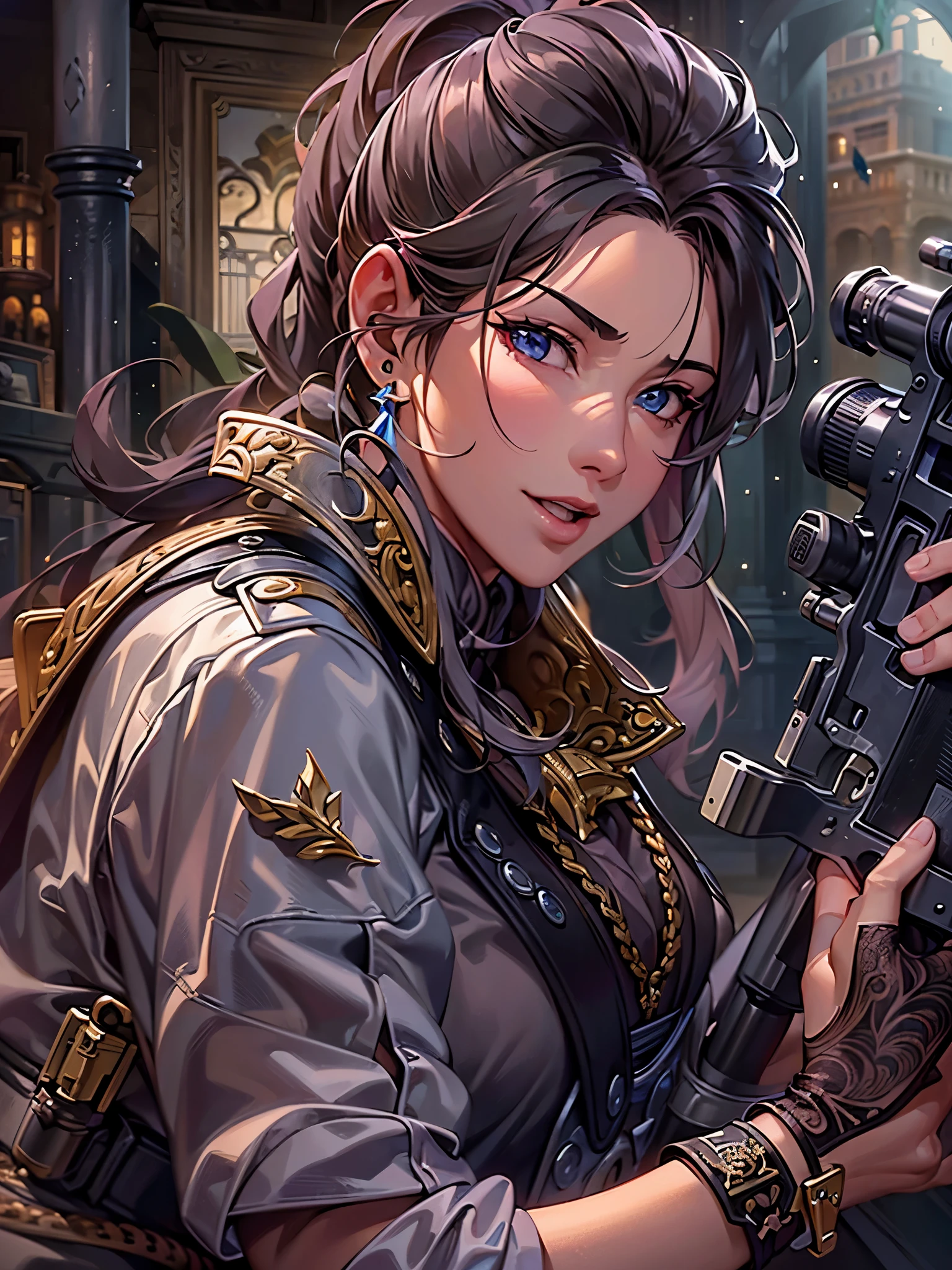 ((Finest quality)),(超A high resolution),(ultra-detailliert),(Meticulous portrayal),((Best CG)),(Finest works of art),Ultra-Precision Art,The art of astounding depiction,(Fantasy art with detailed depictions:1.5), (one female gunman:1.7),confident grin:1.5,Beautiful and well-groomed face:1.6, gun muzzle pointed at viewer:1.8