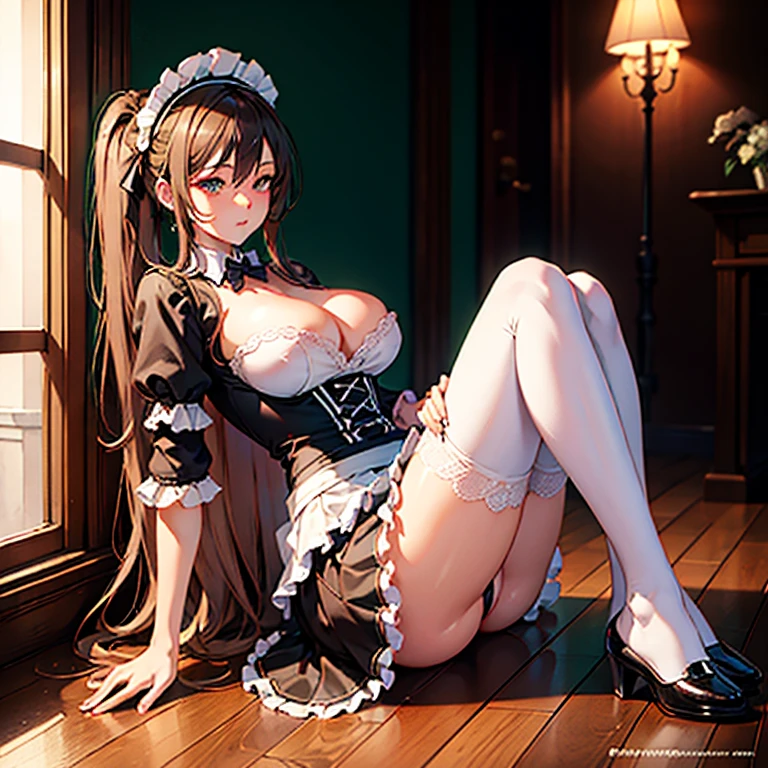 NSFW, hyper photorealistic, Full body, Slim hottie lascivious girl in gorgeous maid outfit in lace miniskirt in chocolate mint color costume, Sit down and hug your knees, lift up skirt, Panties with lace glimpsed, In the style of 2D game art, Details to blink and miss, Detailed costumes, heavy shading