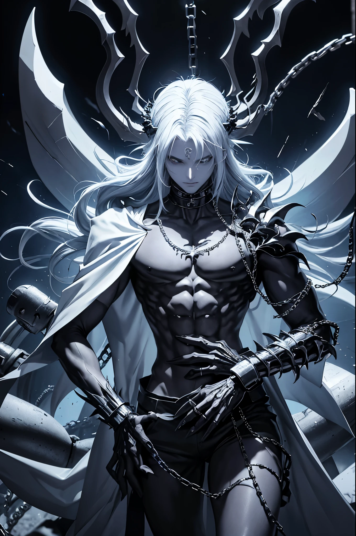 A mature, muscular, adult man with long white hair, dark skin, high cheekbones, in a Taoist dark monk theme, (best quality,4k,8k,highres,masterpiece:1.2),ultra-detailed,(realistic,photorealistic,photo-realistic:1.37),intricate details, complex composition, dramatic lighting, dark moody atmosphere, chiaroscuro, cinematic, muted color palette, dramatic pose