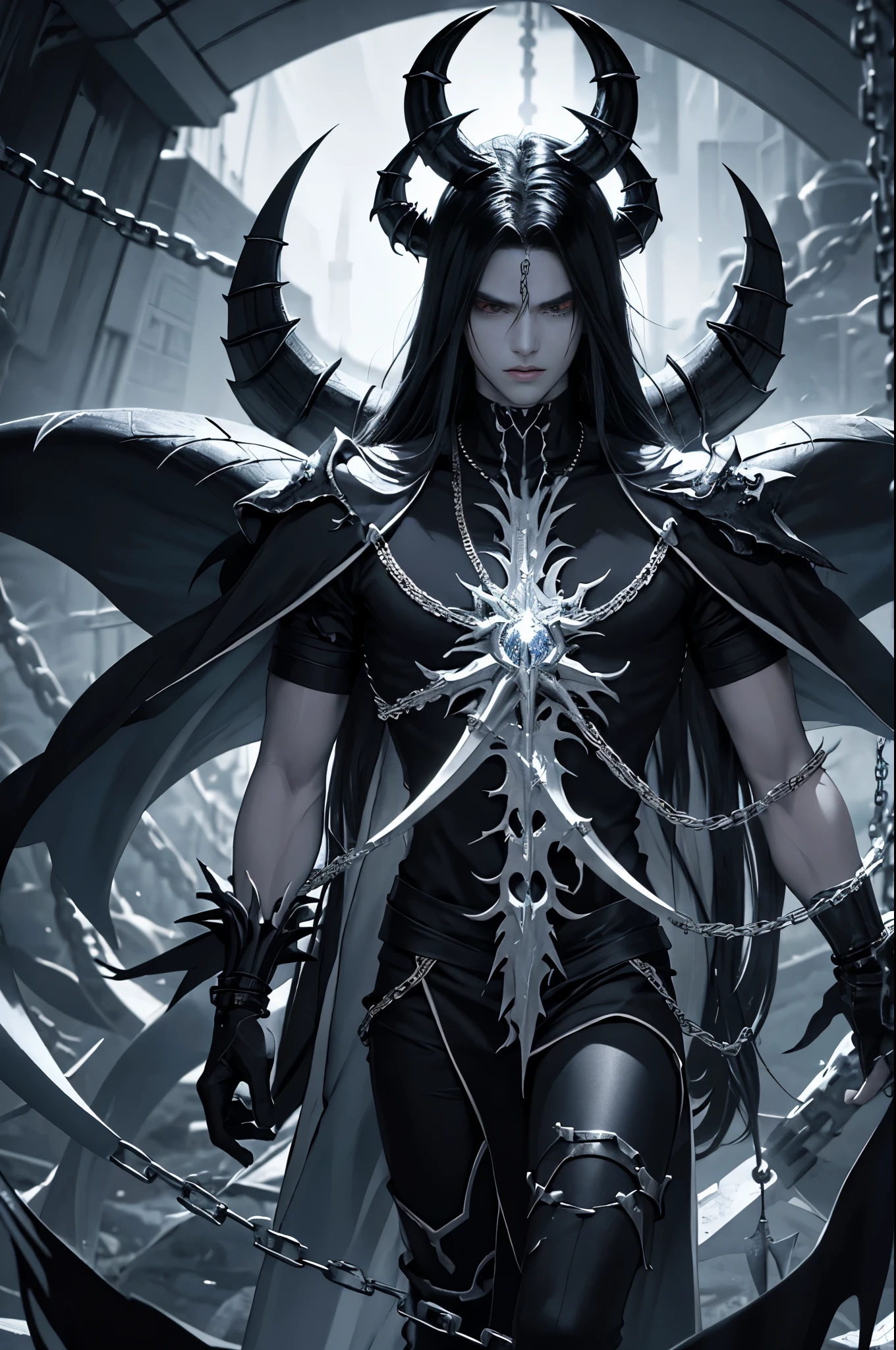 personaje de anime con cadenas y cadenas alrededor del cuello, Badass Anime 8K, Mejor fondo de pantalla de Anime 4K Konachan, epic anime style, esqueleto encadenado, Este personaje tiene crioquinesis, an epic anime of an energy man, chaos nightmare ❄️ amour venom, Trigger anime artstyle, Albedo del anime Overlord, the the man is wrapped in chains