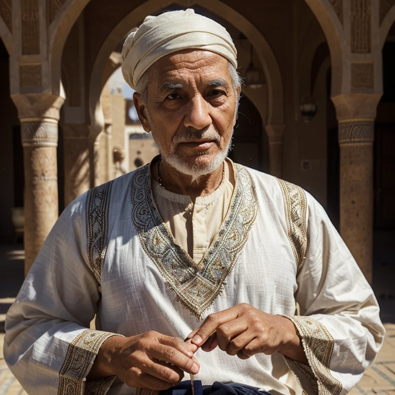 The personality of the intelligent storyteller:
The character of the intelligent storyteller could be a man, an old man, a Moroccan Arab, the important thing is that he be an attractive and interesting character. The storyteller may be wearing traditional Moroccan clothing, such as a jilbab or caftan.