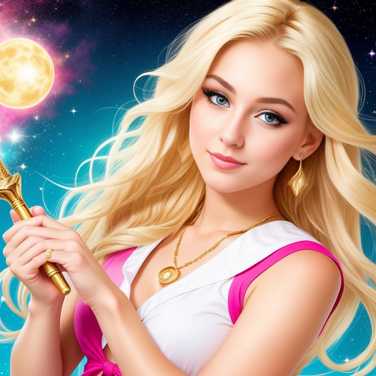 (best quality,8k,1750HD resolution),Mature and realistic depiction:1.2,Sailor Moon confidently wielding the Moon wand,flowing blonde hair,trendy 2000s fashion,beautiful detailed eyes,detailed lips,extremely detailed eyes and face,long eyelashes,vivid colors,textured fabric,portraits,radiant light,captivating dynamic pose,sparking magical effects