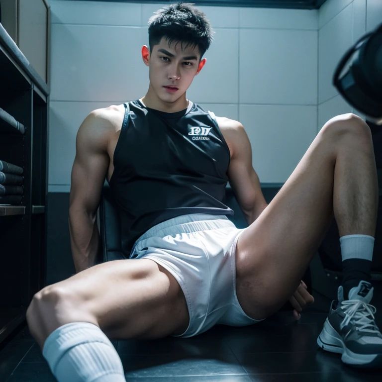 Libido boy,Tong,large pecs,Big bag,Wear white basketball socks,Half recumbent,CG sense,POV perspective,spread their legs,Dark atmosphere,8K,Cinematic lighting effects,Textured skin,best qualtiy,Storytelling images,Storytelling images,dynamic blur,actionpose,army boots