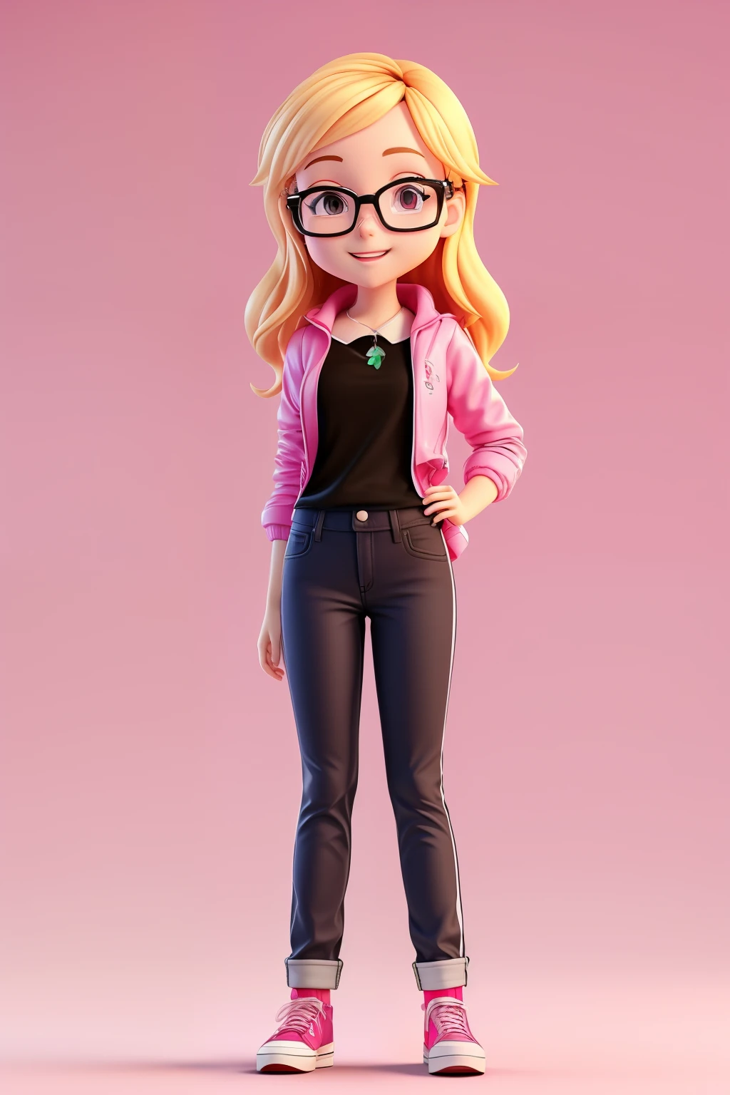 a cartoon girl with glasses and a pink jacket, white background animation character, character full body portrait, single character full body, character render, 3d character, 3 d character, 3 d character render, full body character portrait, full-body character portrait, full body character, cartoon character, full body single character, cute character, pink iconic character, stylized character