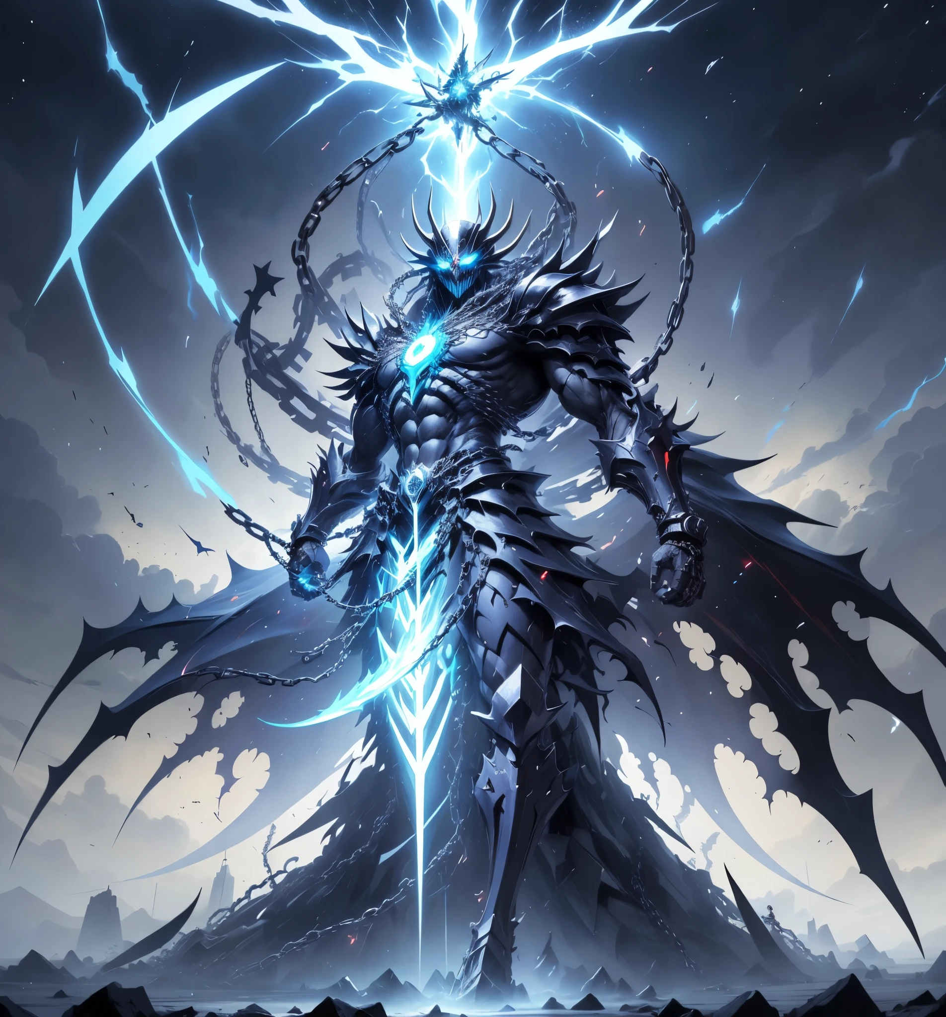personaje de anime con cadenas y cadenas alrededor del cuello, Badass Anime 8K, Mejor fondo de pantalla de Anime 4K Konachan, epic anime style, esqueleto encadenado, Este personaje tiene crioquinesis, an epic anime of an energy man, chaos nightmare ❄️ amour venom, Trigger anime artstyle, Albedo del anime Overlord, the the man is wrapped in chains
