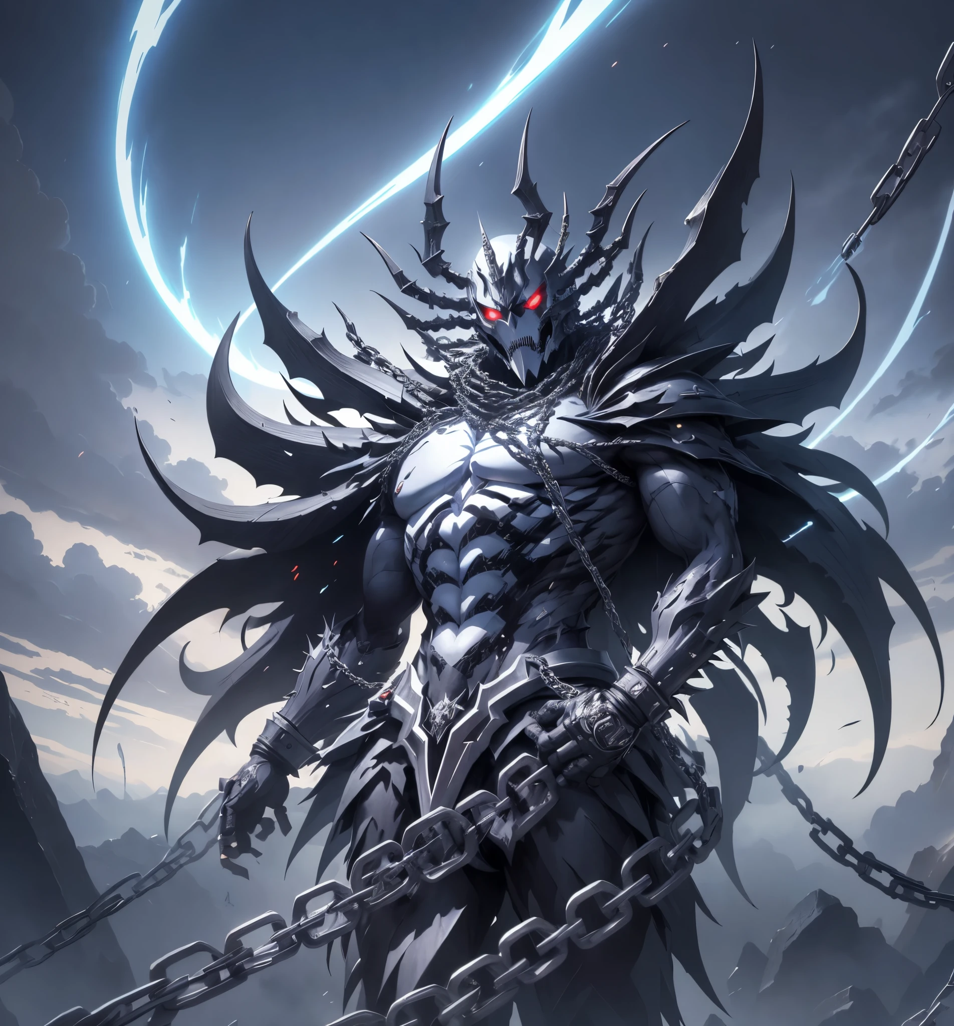 personaje de anime con cadenas y cadenas alrededor del cuello, Badass Anime 8K, Mejor fondo de pantalla de Anime 4K Konachan, epic anime style, esqueleto encadenado, Este personaje tiene crioquinesis, an epic anime of an energy man, chaos nightmare ❄️ amour venom, Trigger anime artstyle, Albedo del anime Overlord, the the man is wrapped in chains