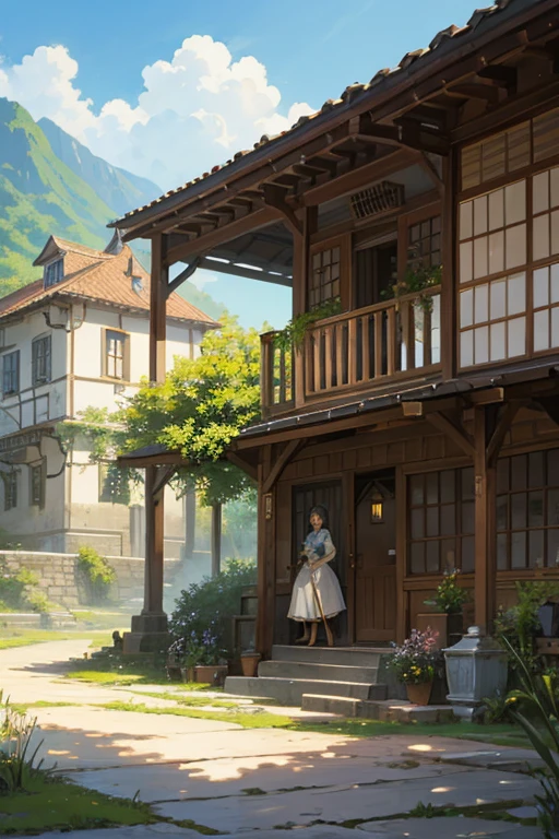 anime scene：house with fountain，A woman stands in front of it, beautiful anime scenes, Small town background, anime backgrounds艺术, beautiful anime scenery, Anime landscapes概念艺术, anime scene, Anime countryside landscape, Anime landscapes, castle scene manga, Anime beautiful peaceful scene, inspired by Carl Spitzweg, tavern background, drawn in anime painter studio, anime backgrounds
