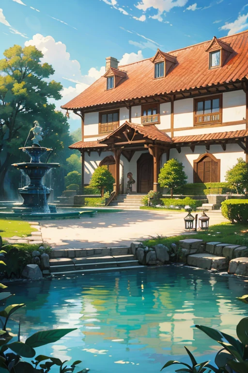 anime scene:house with fountain,A woman stands in front of it, beautiful anime scenes, Small town background, anime backgrounds艺术, beautiful anime scenery, Anime landscapes概念艺术, anime scene, Anime countryside landscape, Anime landscapes, castle scene manga, Anime beautiful peaceful scene, inspired by Carl Spitzweg, tavern background, drawn in anime painter studio, anime backgrounds