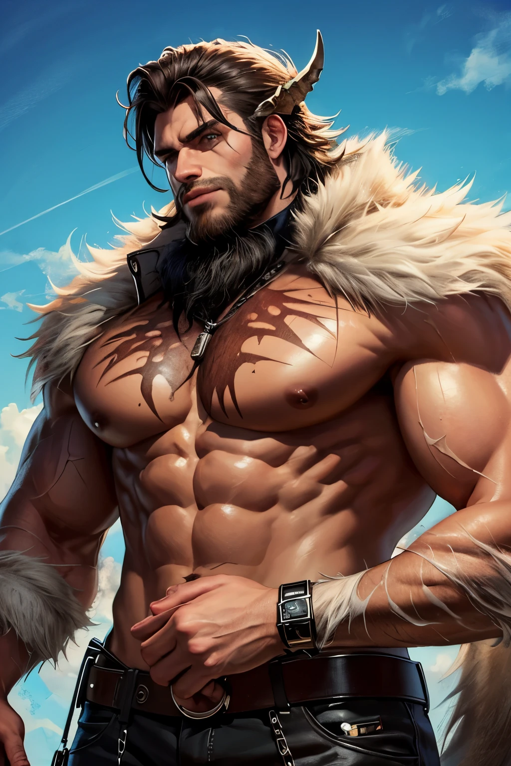 high quality, half beast half human, rugged man, painting, muscular,