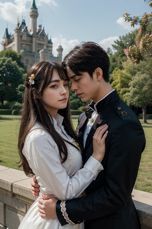 a film poster of a couple hugging each other in front of a castle, manhwa, shoujo romance, aristocratic, the flower prince, castle scene manga, delicate androgynous prince, cover manga, steam romance, romance novel cover, bloom. fantasy, sakimichan and frank franzzeta, manga cover, shoujo manga, in school witch uniform, hate to lover, student, boy an girl, love between friends, with uniform, with title "friends shouldn't act this way!",