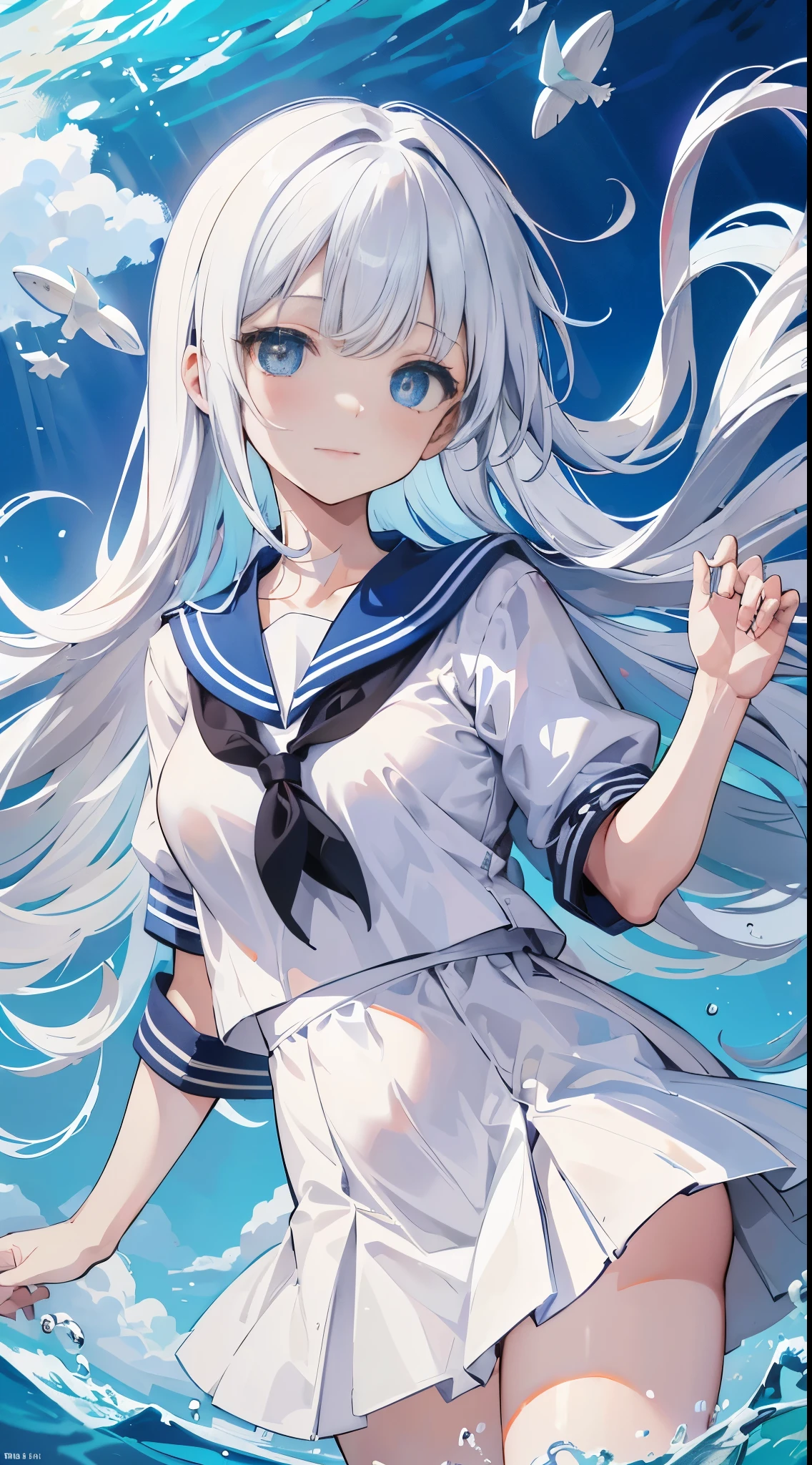 Dark blue uniform,sailor dress, White theme,School uniform, Sailor Suit, view the viewer,  Maniacal, messy long hair, Beautiful detailed eyes,Radiant hair,White hair、Dramatic Angle,blue sailor collar, lively breasts,partial underwater shot...