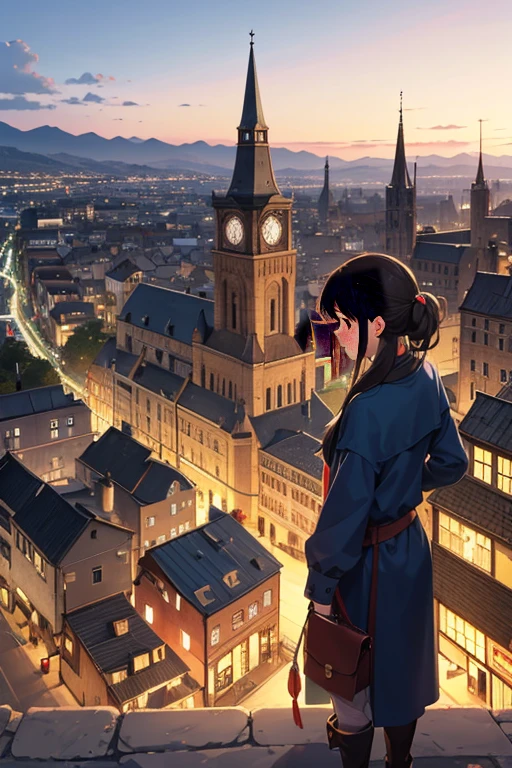 There is a picture of the city,There is a bell tower in the middle, Downtown background, Small town background, Bustling magic town, town in background, 城市, Renaissance port city background, anime style cityscape, medieval city background, around town, hd anime cityscape, residential neighborhoods, screenshot from the anime film, Medieval town landscape, Panoramic view of the entire city