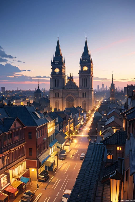There is a picture of the city,There is a bell tower in the middle, Downtown background, Small town background, Bustling magic town, town in background, 城市, Renaissance port city background, anime style cityscape, medieval city background, around town, hd anime cityscape, residential neighborhoods, screenshot from the anime film, Medieval town landscape, Panoramic view of the entire city