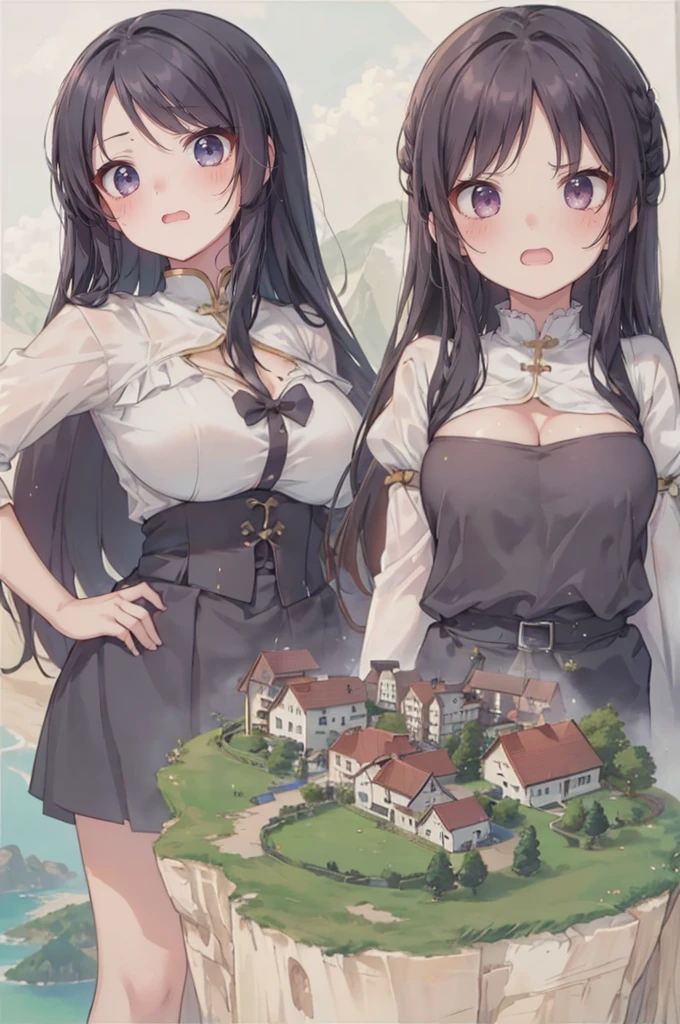 (tiny villages from sky view), hills, cliffs, (from sky view: 1.3), mountains, simple background, (2girls:1.4), (height_difference:1.5), (size_difference:1.5), (giantess:1.3), (adult woman: 1.4), (girl rear view on a cliff below the breasts of a giantess girl: 1.4), (rear_end:1.3), (tall girl: 1.1), professionally drawn, (huge breasts), (cleavage sweat), (anime drawing:1.1), (simple bold lines: 1.1), (anime:1.1), (very cute anime girl), (bright), (low contrast), (prettiest teenage girl), (mature face: 1.4), (tall girl with big breasts: 1.2), :D, (commoner clothing: 1.1)