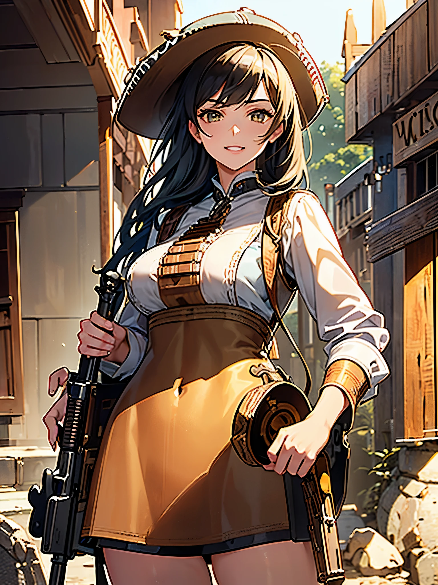 ((Finest quality)),(超A high resolution),(ultra-detailliert),(Meticulous portrayal),((Best CG)),(Finest works of art),Ultra-Precision Art,The art of astounding depiction,(Art with precise depiction in every detail:1.5),(Wild West:1.8), (one female gunman:1.7),confident grin:1.5,Beautiful and well-groomed face:1.6, gun muzzle pointed at viewer:1.8