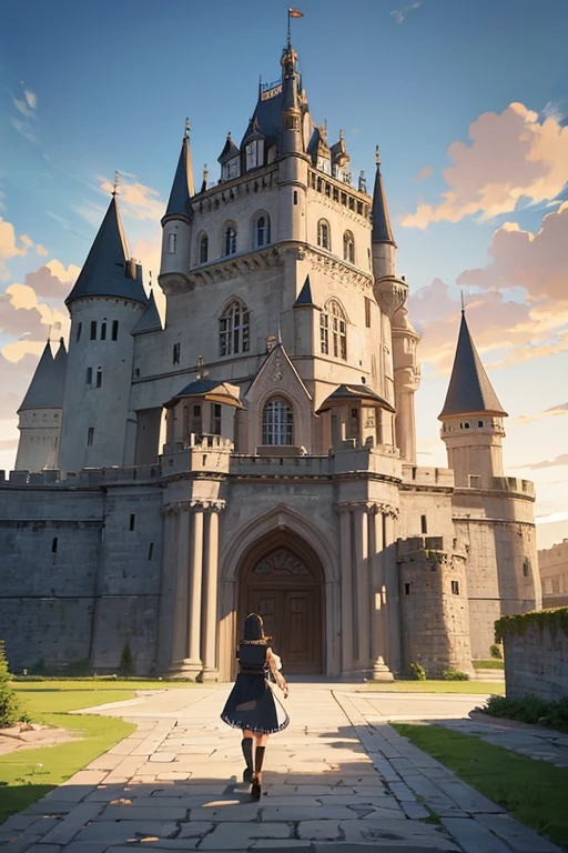 oda is a painting of a castle,oda'There is a flag on the door, Bastion Gateway, castle scene manga, Opening scene, castle background, Castle setting, anime scene, (attack on titan animation), Claymore anime background, palace background, attack on titan scenery, Screenshot of the 2012 animation, screenshot from the anime film, black clover screenshot