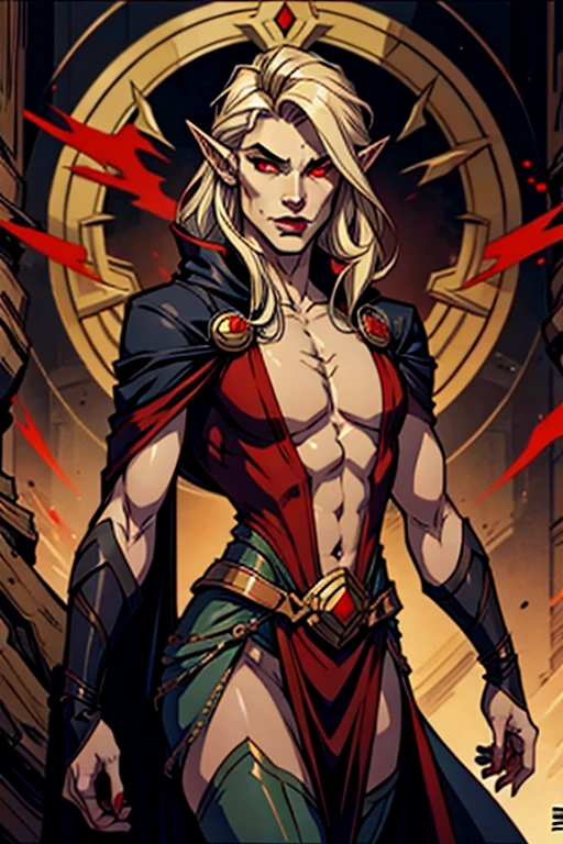 American classic comic book art: handsome ethereal young man delicate, long yellow blonde hair with waves, elf ears, red outfit dress demon, black gloves, sorcerer red tiara on forehead, beautiful thighs, blue eyes, very young face boy, red mini skirt, emanating fire, black nails, black stockings, ethereal male body, medieval, ethereal mystic boy, classic comic book