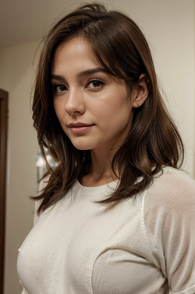 Breathtaking cinematic photo of a 30 year old girl with brown hair and brown eyes, feliz, cheerful expression, boca cerrada, Beautiful lips, Detalles intrincados, poca profundidad de campo, Altamente detallado, Alto presupuesto, epic hollywood movie, splendid, Obra maestra, Premiado, profesional, Altamente detallado, Textura detallada de la piel, (sonrojarse: 0.5), (Piel de gallina: 0.5). (the most Beautiful woman in the world) (brown hair) (cabello corto y rizado, pelo salvaje, corte elegante) cara delgada, nariz delgada, Beautiful, very Beautiful, Perfecto face, Esbelto body (Esbelto), (brown hair) (brown eyes ) (piel blanca) hermoso cuerpo, Cara occidental, ojos depredadores, labios rosados, muslos gruesos. cuerpo completo, Belleza occidental, nariz delgada, Beautiful, Perfecto, ((La mejor calidra Resolution)), ((fotorrealista: 1.4)), (Detalles intrincados), Perfecto face, maquillaje: 1.5 , cara clara, Detalles faciales. Front view ((uniforme, Tactical suit, disfraz de agente, SPY))