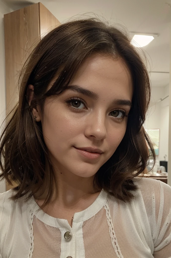 Breathtaking cinematic photo of a 30 year old girl with brown hair and brown eyes, feliz, cheerful expression, boca cerrada, Beautiful lips, Detalles intrincados, poca profundidad de campo, Altamente detallado, Alto presupuesto, epic hollywood movie, splendid, Obra maestra, Premiado, profesional, Altamente detallado, Textura detallada de la piel, (sonrojarse: 0.5), (Piel de gallina: 0.5). (the most Beautiful woman in the world) (brown hair) (cabello corto y rizado, pelo salvaje, corte elegante) cara delgada, nariz delgada, Beautiful, very Beautiful, Perfecto face, Esbelto body (Esbelto), (brown hair) (brown eyes ) (piel blanca) hermoso cuerpo, Cara occidental, ojos depredadores, labios rosados, muslos gruesos. cuerpo completo, Belleza occidental, nariz delgada, Beautiful, Perfecto, ((La mejor calidra Resolution)), ((fotorrealista: 1.4)), (Detalles intrincados), Perfecto face, maquillaje: 1.5 , cara clara, Detalles faciales. Front view ((uniforme, Tactical suit, disfraz de agente, SPY)) Grandes tetas,