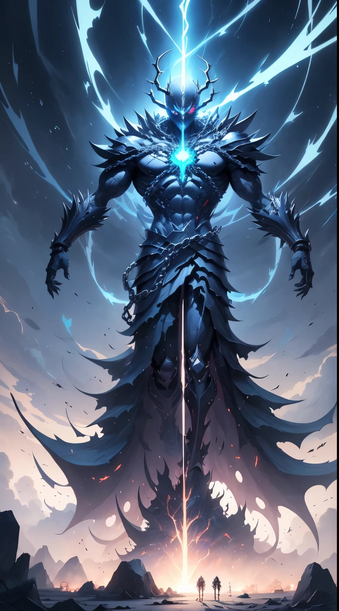 personaje de anime con cadenas y cadenas alrededor del cuello, Badass Anime 8K, Mejor fondo de pantalla de Anime 4K Konachan, epic anime style, esqueleto encadenado, Este personaje tiene crioquinesis, an epic anime of an energy man, chaos nightmare ❄️ amour venom, Trigger anime artstyle, Albedo del anime Overlord, the the man is wrapped in chains