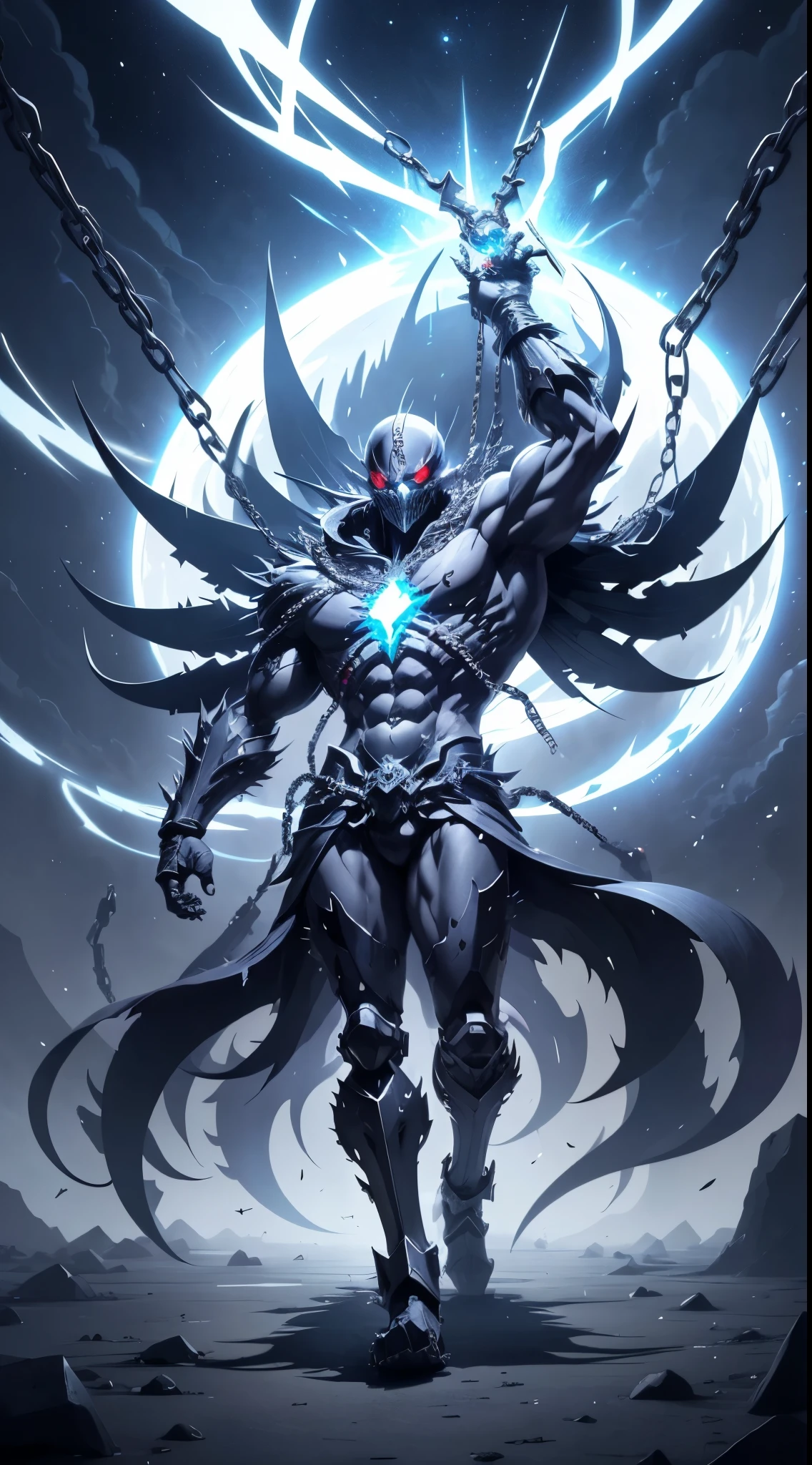 personaje de anime con cadenas y cadenas alrededor del cuello, Badass Anime 8K, Mejor fondo de pantalla de Anime 4K Konachan, epic anime style, esqueleto encadenado, Este personaje tiene crioquinesis, an epic anime of an energy man, chaos nightmare ❄️ amour venom, Trigger anime artstyle, Albedo del anime Overlord, the the man is wrapped in chains