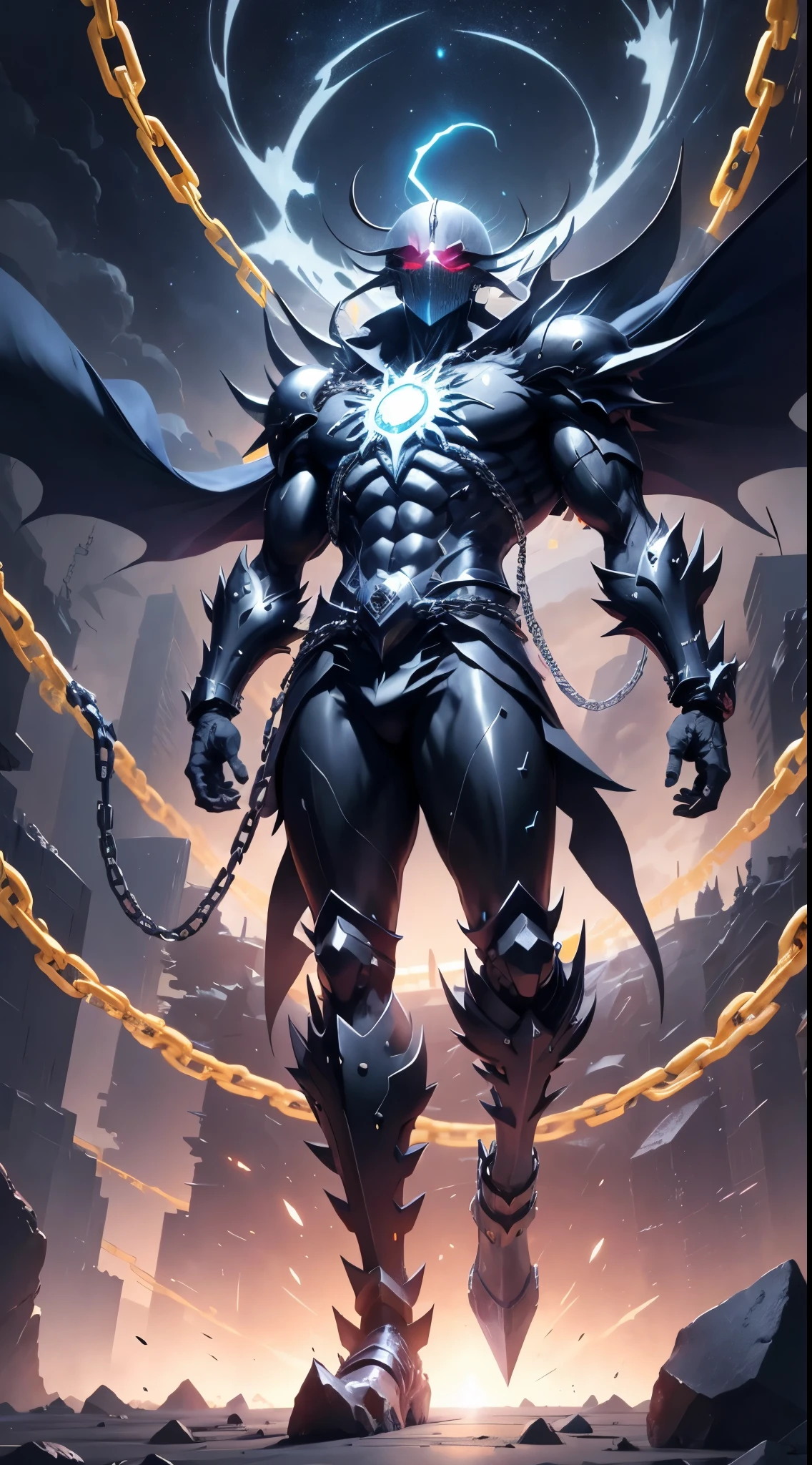 Huge muscles,Devilish wings,Devilish horns,Clear liquid dripping from penis,black costume,Huge erect penis,Ready your weapon,An angel cloaked in evil aura,The color of the face is Caucasian skin tone.
