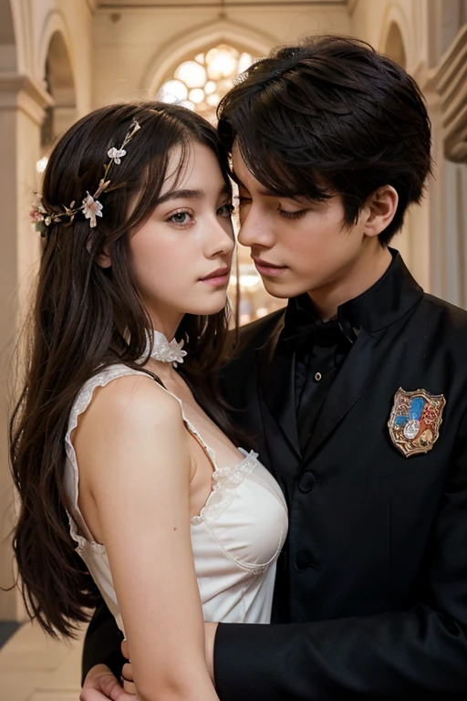 a film poster of 2 boys and one girl, bestfriends, love triangle in front of a castle, manhwa, shoujo romance, aristocratic, the flower prince, castle scene manga, delicate androgynous prince, cover manga, steam romance, romance novel cover, bloom. fantasy, sakimichan and frank franzzeta, manga cover, shoujo manga, in school witch uniform, hate to lover, student, boy an girl, love between friends, with uniform, with title "friends shouldn't act this way!",