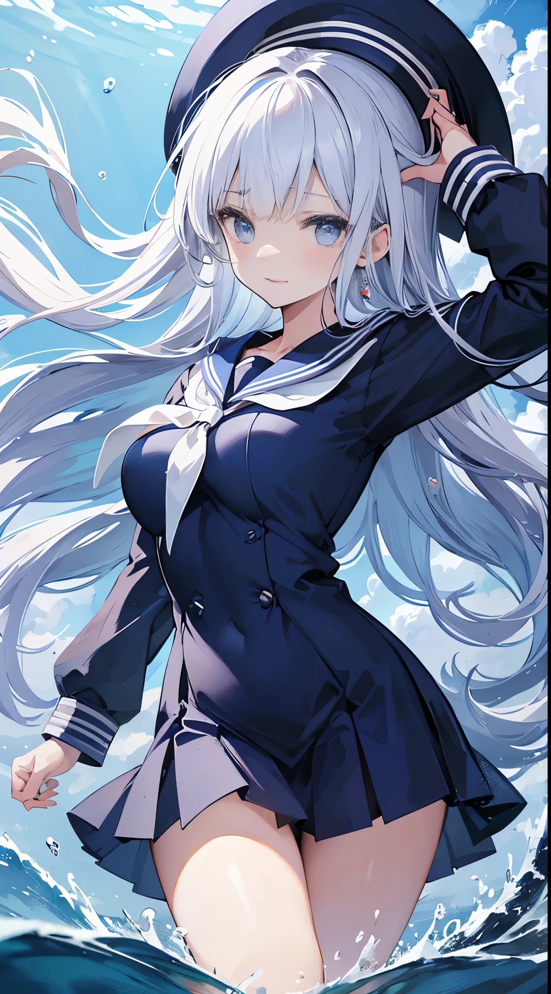 ((masterpiece,Highest quality)), 8k, anime , Realistic ,sketch, anime風のポートレート, animeの女性, 18-year-old, Blue gradient background, High school girl sailor uniform without hat, Neon hair, lip, Big Breasts, Texture Trim, Japanese, Upper Body, (masterpiece,Highest quality)