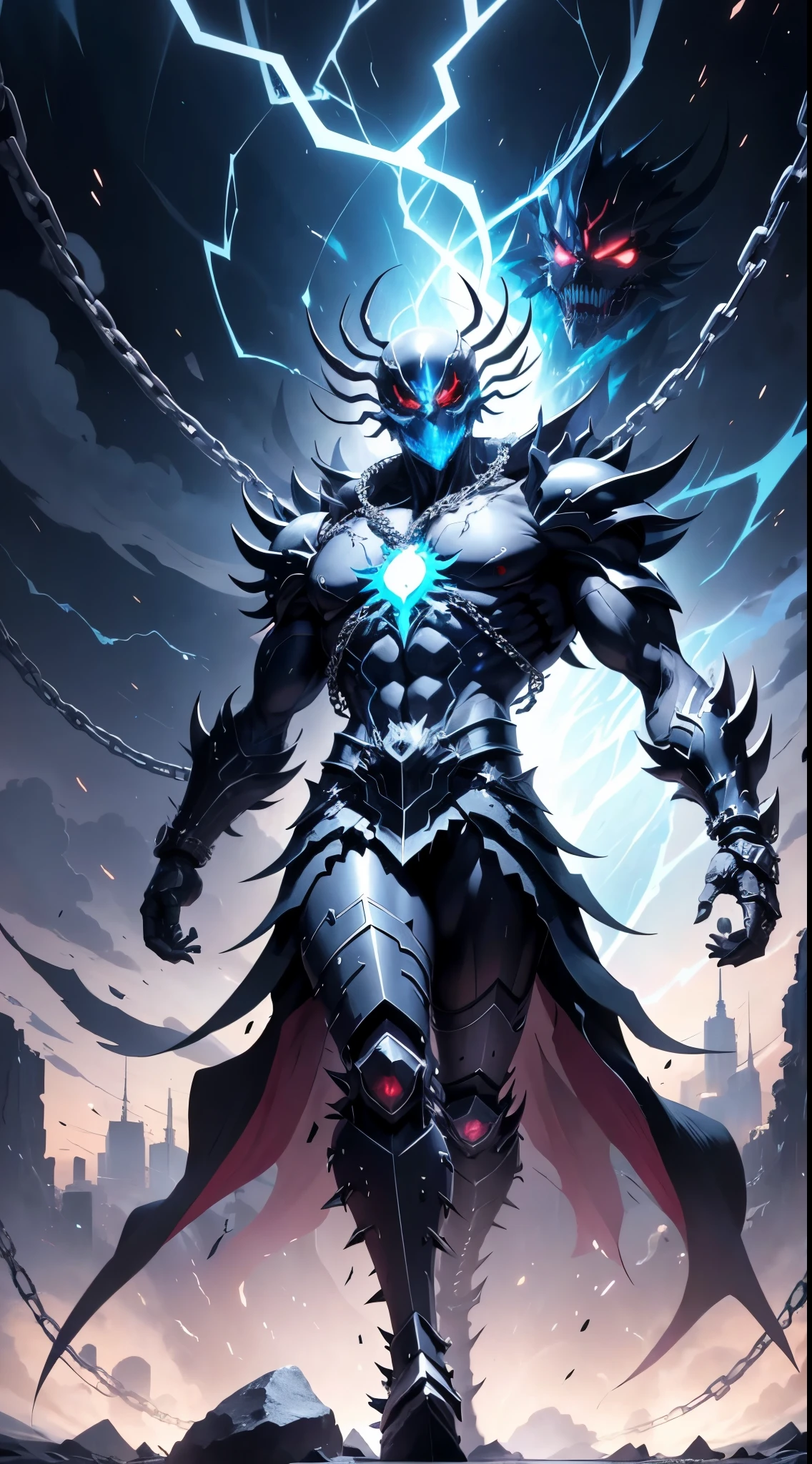 personaje de anime con cadenas y cadenas alrededor del cuello, Badass Anime 8K, Mejor fondo de pantalla de Anime 4K Konachan, epic anime style, esqueleto encadenado, Este personaje tiene crioquinesis, an epic anime of an energy man, chaos nightmare ❄️ amour venom, Trigger anime artstyle, Albedo del anime Overlord, the the man is wrapped in chains
