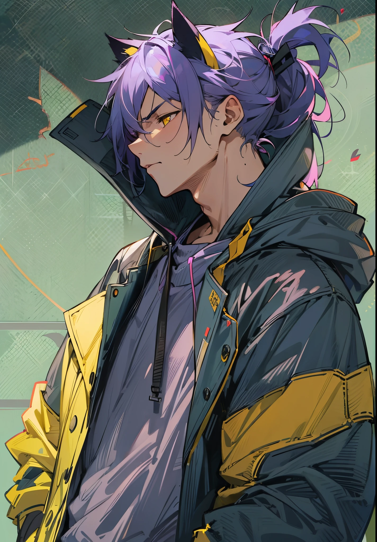 1male, Adult, purple hair, yellow eyes, cat ears, oversized Jacket, baggy jeans, muscular, sleepy face, tired, ponytail