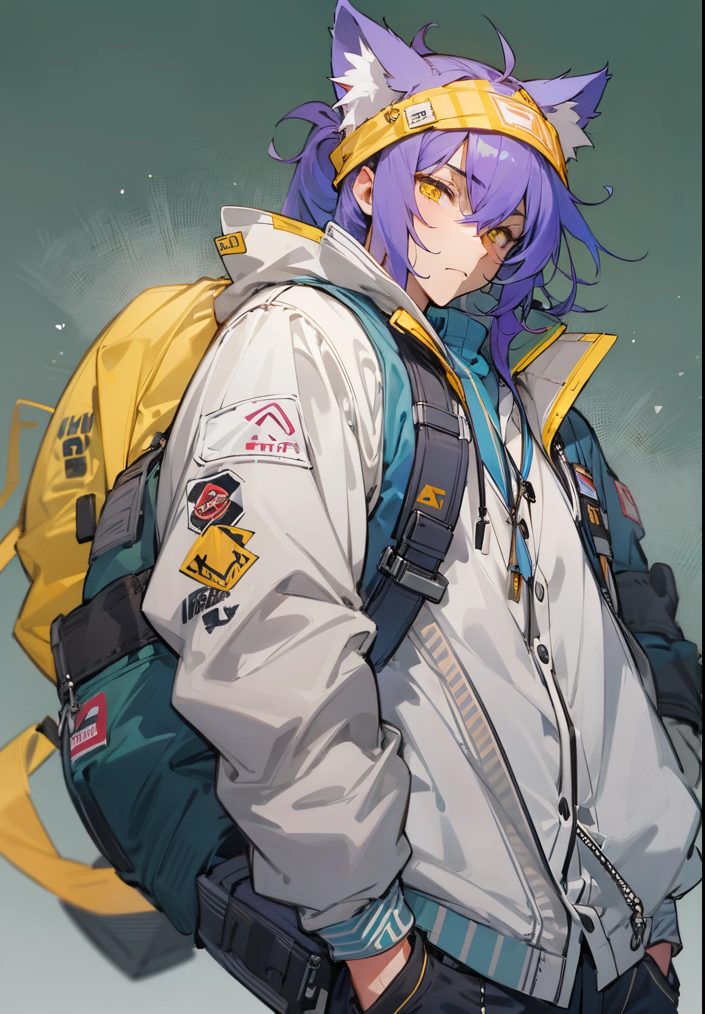 1male, Adult, purple hair, yellow eyes, cat ears, oversized Jacket, baggy jeans, muscular, sleepy face, tired, ponytail
