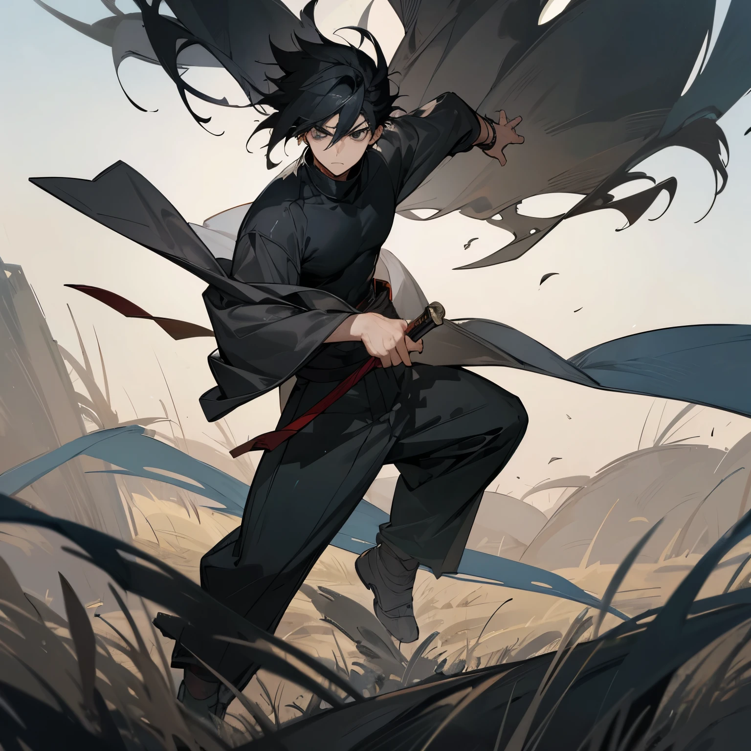 1male , Muscular , Black Hair , Spiky Hair , Messy Hair , Fitted Black Turtleneck Warn Under,Gray Overclothing, Layered Clothing , Baggy Grey Pants, Black Eyes , Serious Expression , Grasslands background , Perfect Generation , Martial Arts Clothing , Strong Pose
