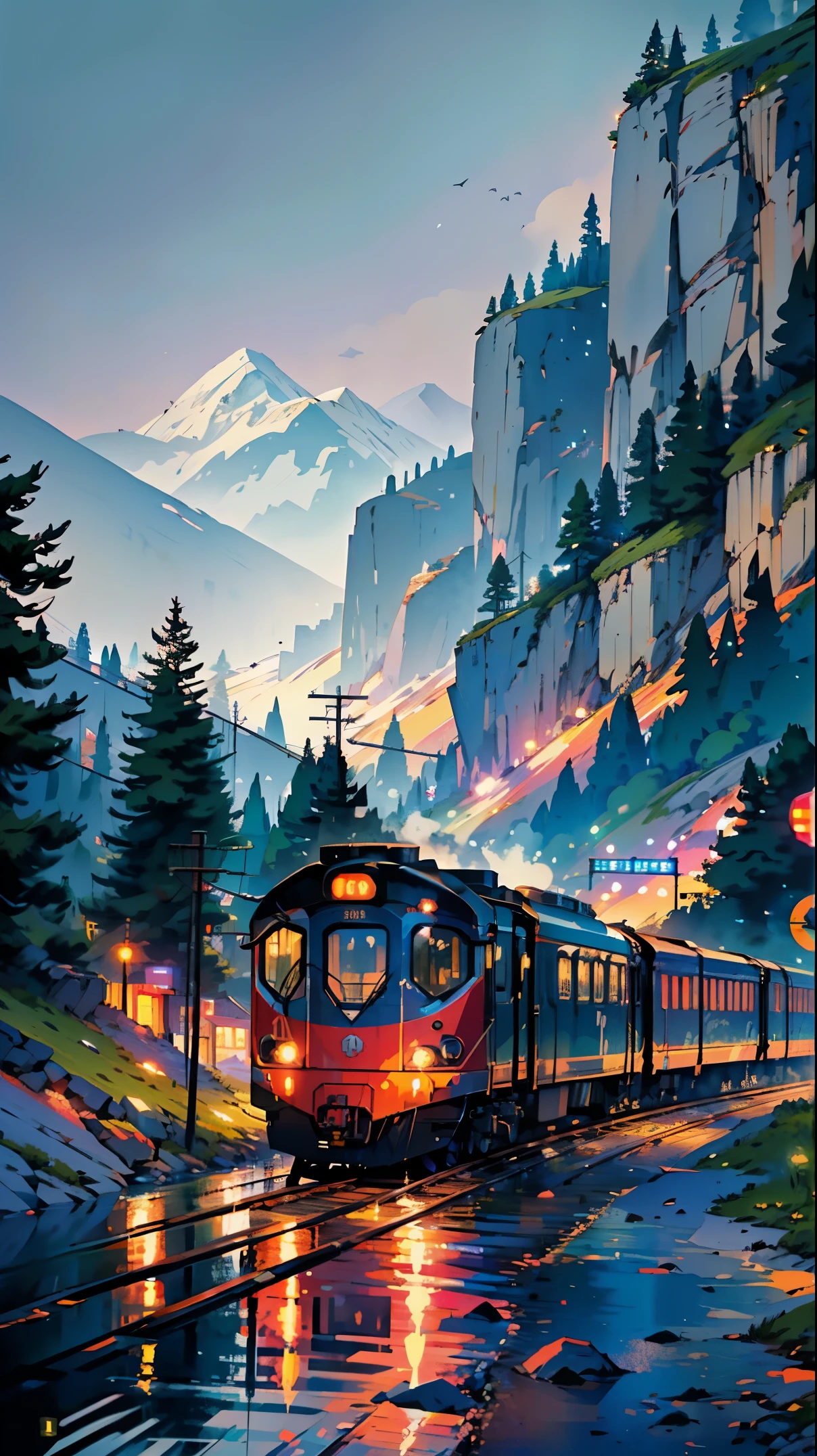 Train in motion, in the mountains, res, lake, cozy city, happiness, retro, full color, multicolor, artful, top detail, super quality, fine details, highlights, neon lights