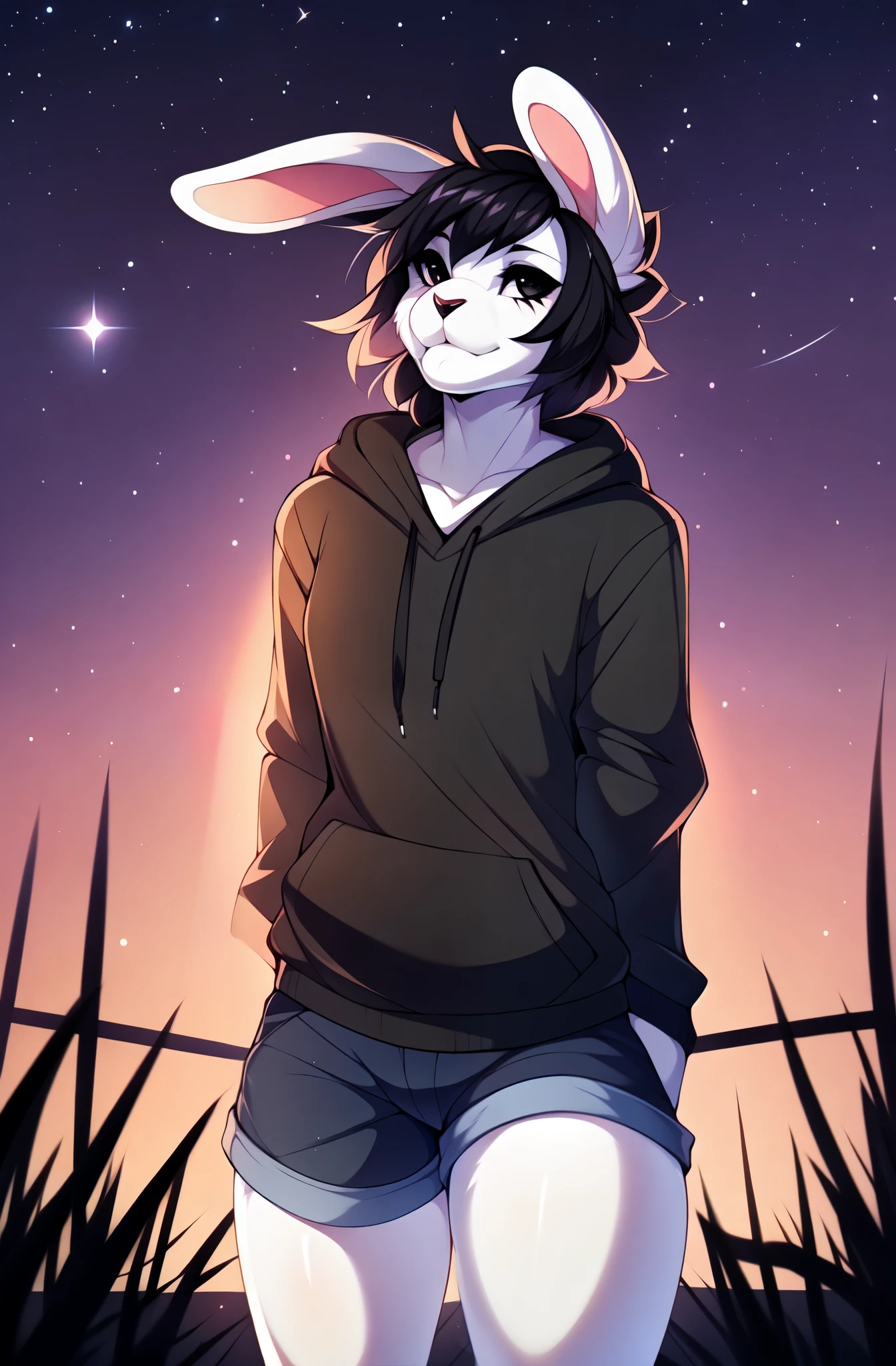 Sadie, solo, cute white lop rabbit, small cute snout, emo black hair, dark grey eyes, white sclera, floppy rabbit ears, wearing black hoodie, jean shorts, standing, hands in pockets, (looking up at the sky):1.3, chin up, by fumiko, by hyattlen, by hioshiru, on a grassy hill, cell shading, nighttime, upper body shot, portrait