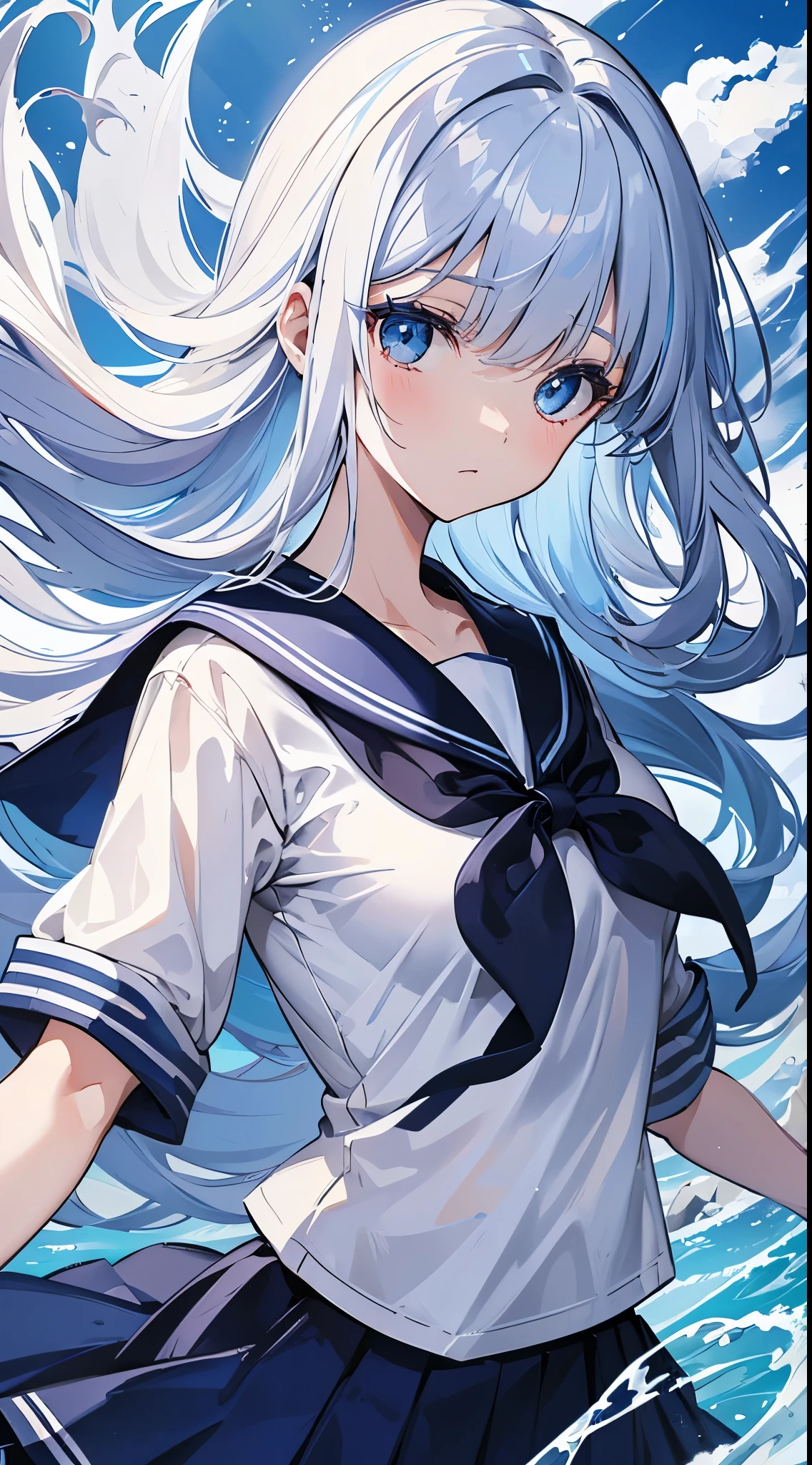 Dark blue uniform,sailor dress, White theme,School uniform, Sailor Suit, view the viewer, Maniacal, messy long hair, Beautiful detailed eyes,Radiant hair,White hair、Dramatic Angle,blue sailor collar, lively breasts,partial underwater shot...