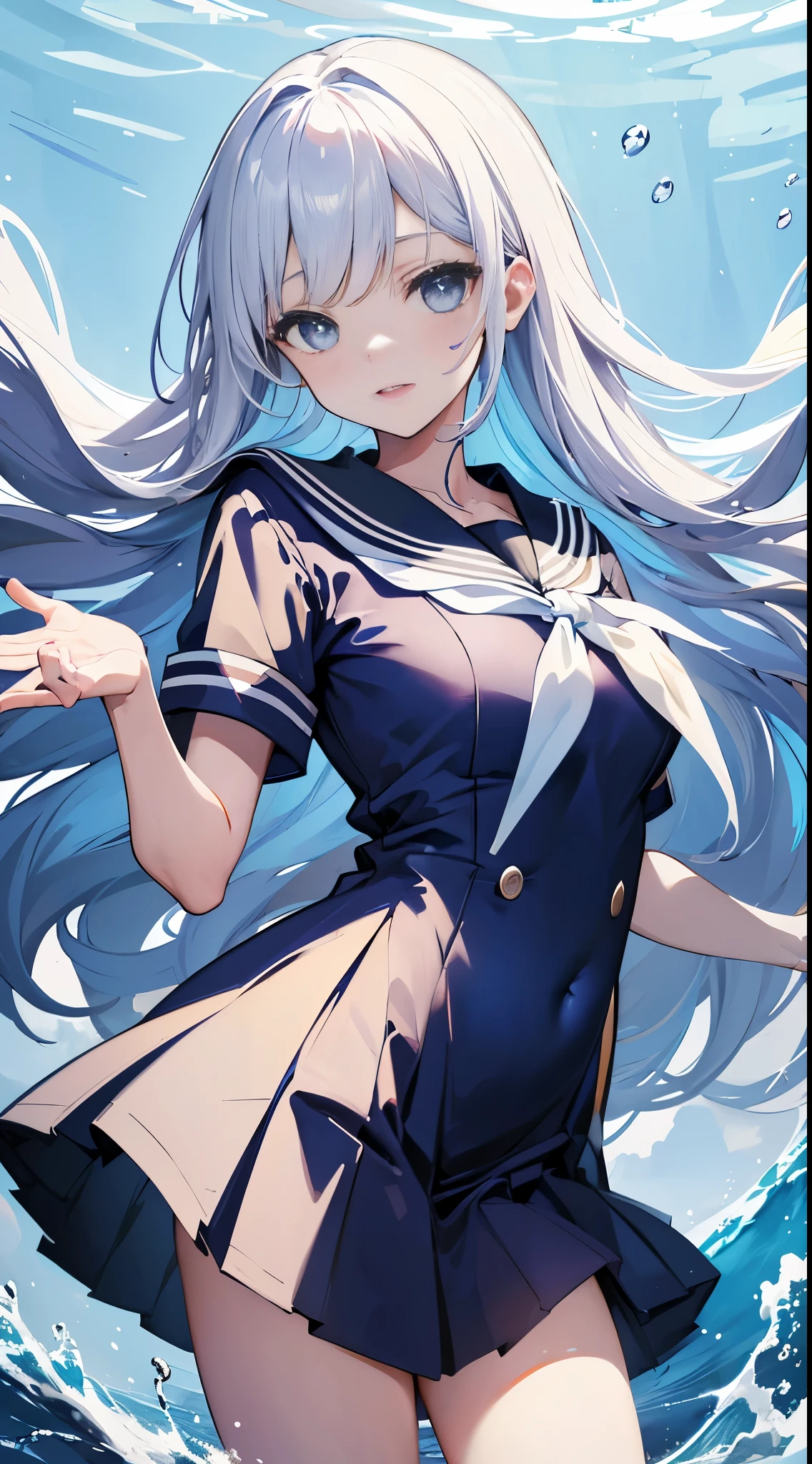 Dark blue uniform,sailor dress, White theme,School uniform, Sailor Suit, view the viewer, Maniacal, messy long hair, Beautiful detailed eyes,Radiant hair,White hair、Dramatic Angle,blue sailor collar, lively breasts,partial underwater shot...