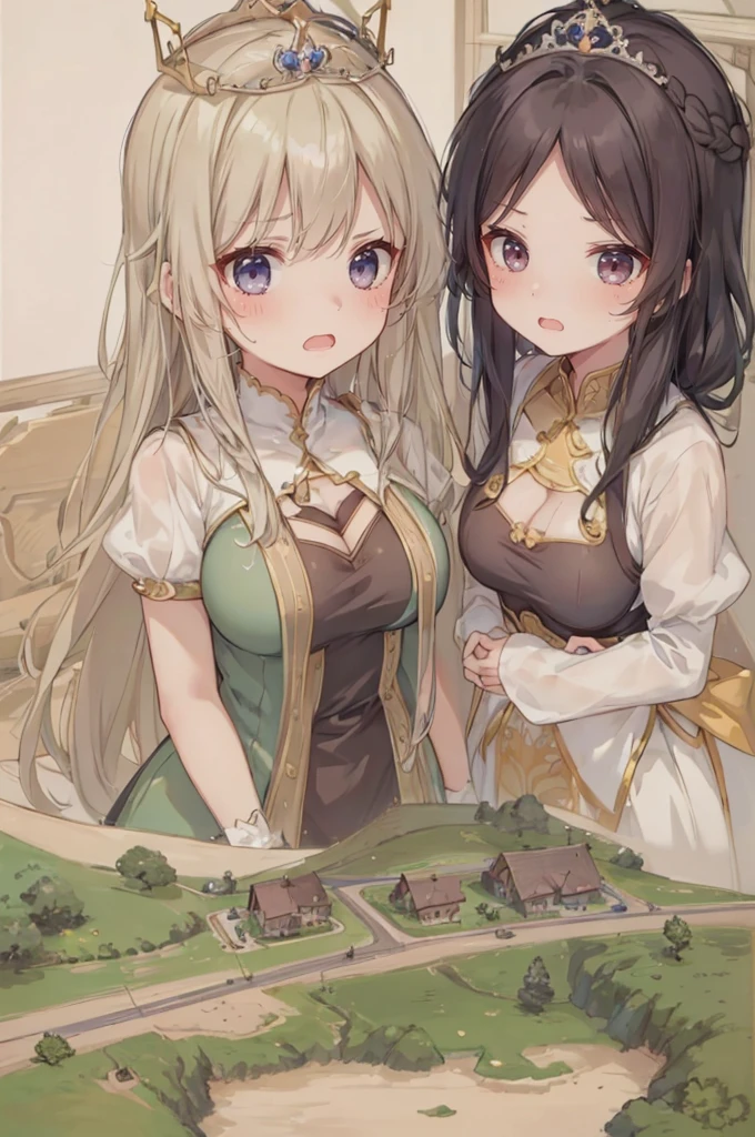 (tiny villages from sky view), hills, cliffs, (from sky view: 1.3), mountains, simple background, (2girls:1.4), (height_difference:1.5), (size_difference:1.5), (giantess:1.3), (adult woman: 1.4), (girl rear view on a cliff below the breasts of a giantess girl: 1.4), (rear_end:1.3), (tall girl: 1.1), professionally drawn, (huge breasts), (cleavage sweat), (anime drawing:1.1), (simple bold lines: 1.1), (anime:1.1), (very cute anime girl), (bright), (low contrast), (prettiest teenage girl), (mature face: 1.4), (tall girl with big breasts: 1.2), :D, (princess clothing: 1.1), tiara, (elegant princess hair: 1.1), (princess bedroom:1.1),