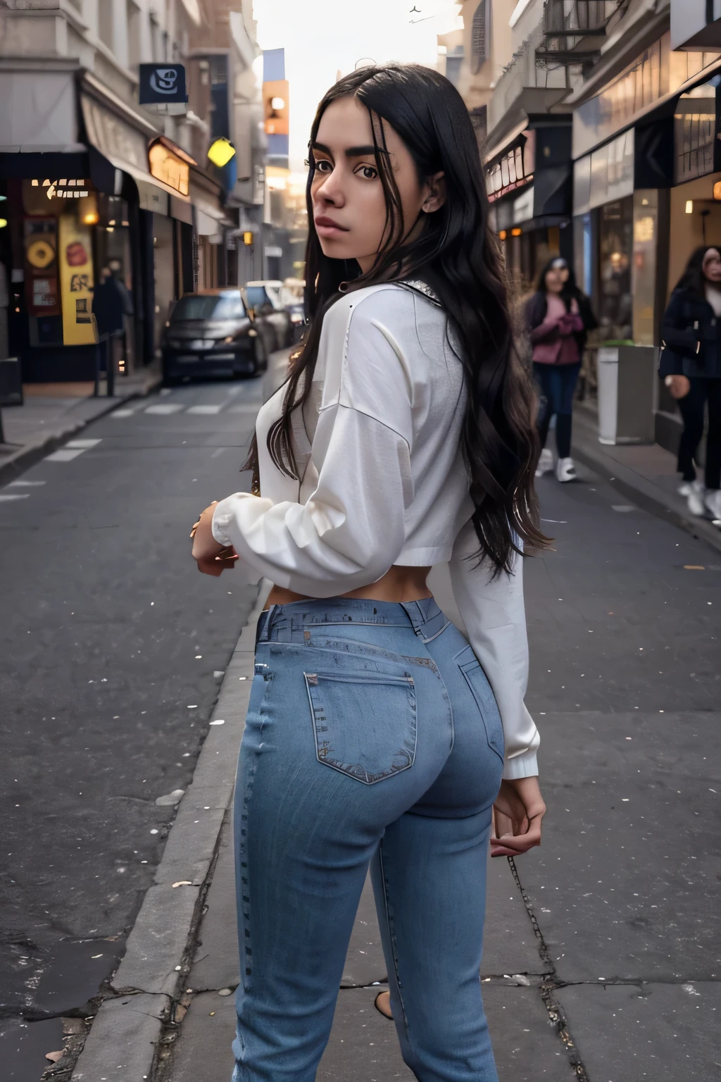 american latina girl, age 18 years old, looks like billie eilish, black hair, long wavy hair, instagram model, 4k ultra-detailed, detailed brown eye, high resolution, realistic body, portrait, fashionable tight outfit, The full-body photo fades away, The back is charming，Wear skinny  gucci jeans，New k Old Street,