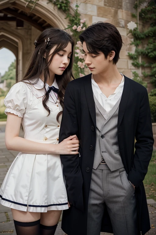 a film poster of three people, two boys and one girl, bestfriends, love in front of a castle, manhwa, shoujo romance, aristocratic, the flower prince, castle scene manga, delicate androgynous prince, cover manga, steam romance, romance novel cover, bloom. fantasy, sakimichan and frank franzzeta, manga cover, shoujo manga, in school witch uniform, hate to lover, student, boy an girl, love between friends, with uniform, with title "friends shouldn't act this way!",
