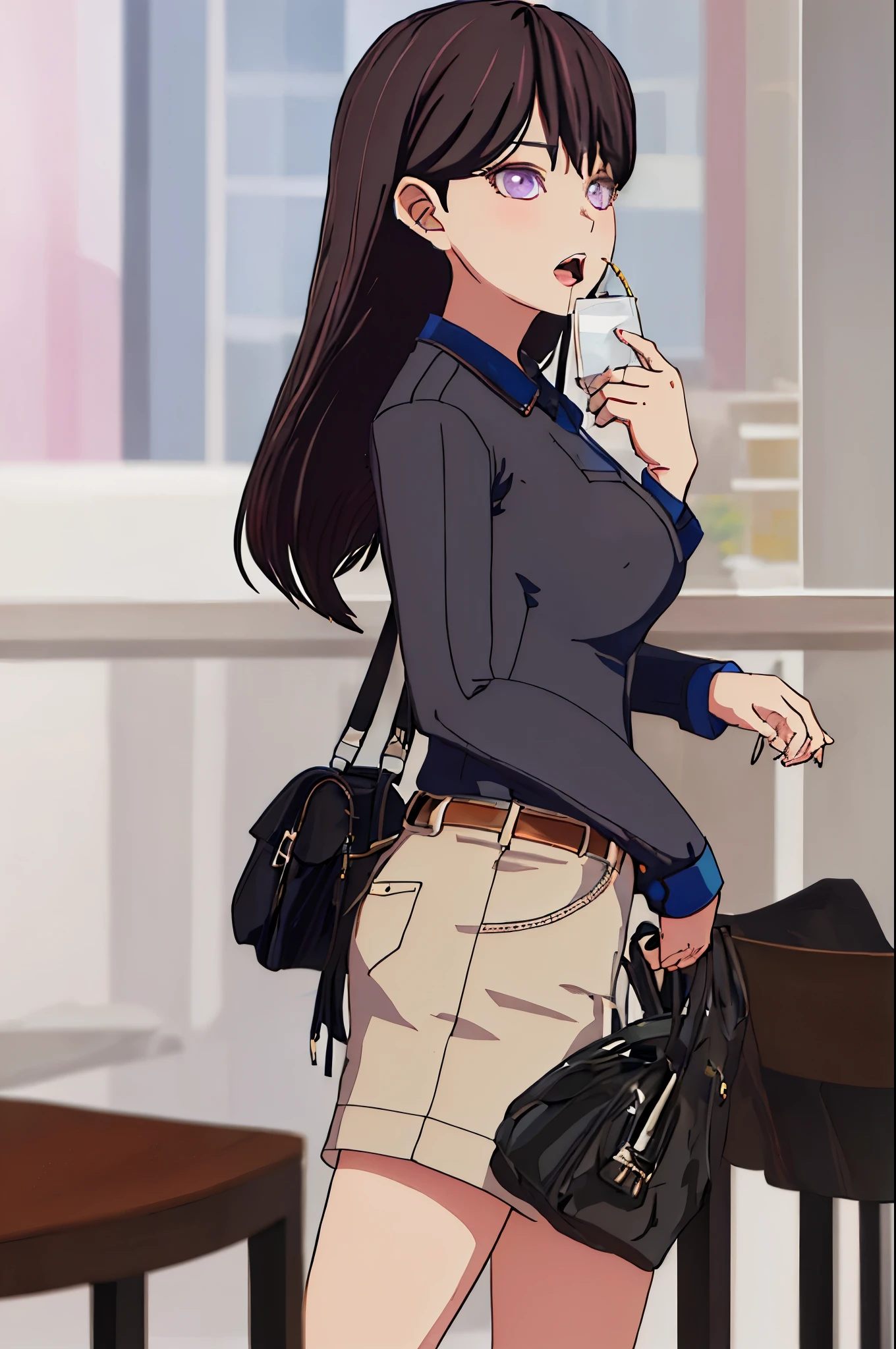 best quality, masterpiece, highres, solo, {shiina_taki_bangdreamitsmygo:1.15}, long_hair, black_hair, purple_eyes, mole_under_eye, mole, bangs, indoors, brown_hair, 1girl, looking_at_viewer, portrait, open_mouth, shirt, blue_shirt, blurry_background, collared_shirt, parody