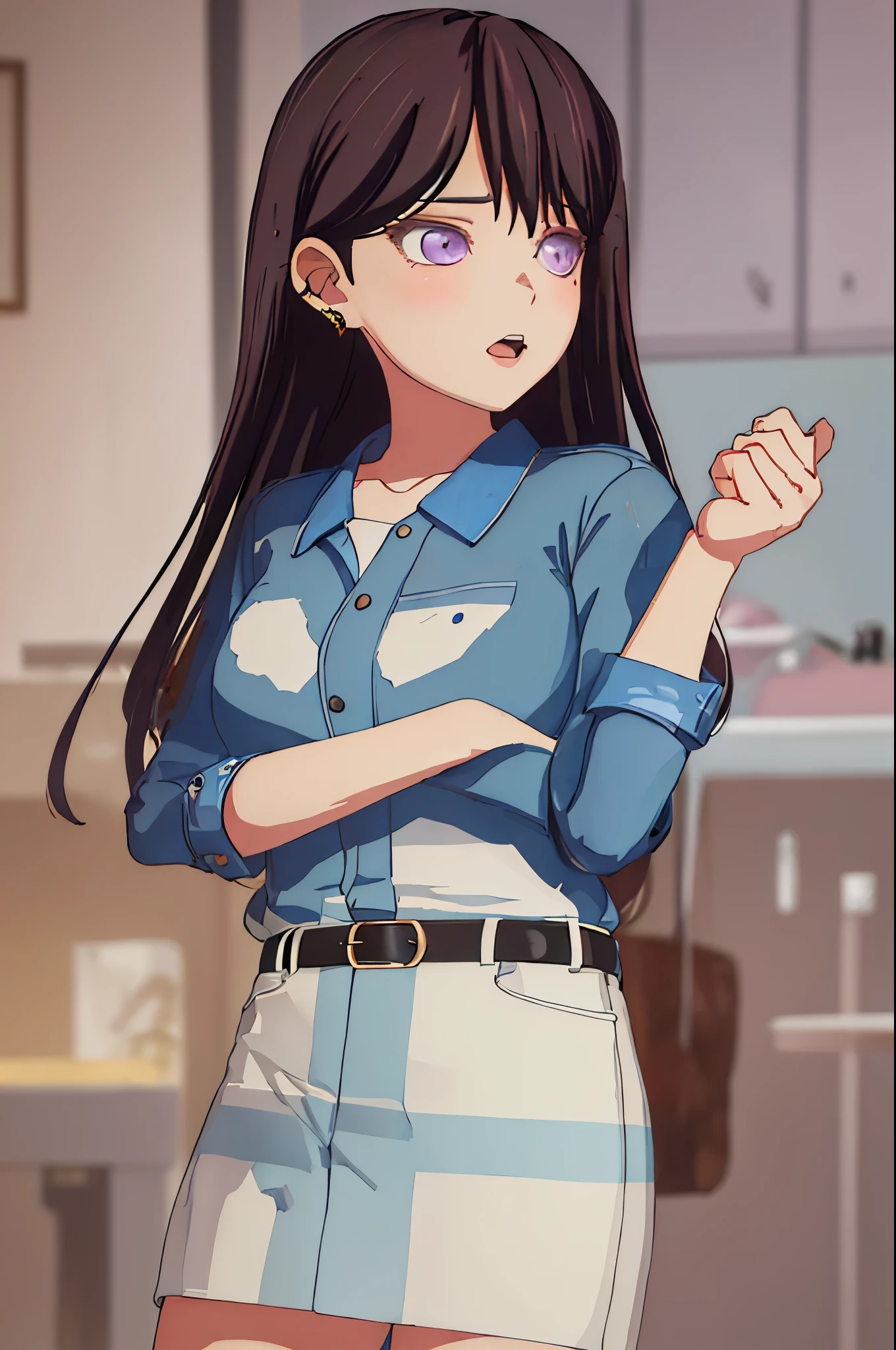 best quality, masterpiece, highres, solo, {shiina_taki_bangdreamitsmygo:1.15}, long_hair, black_hair, purple_eyes, mole_under_eye, mole, bangs, indoors, brown_hair, 1girl, looking_at_viewer, portrait, open_mouth, shirt, blue_shirt, blurry_background, collared_shirt, parody