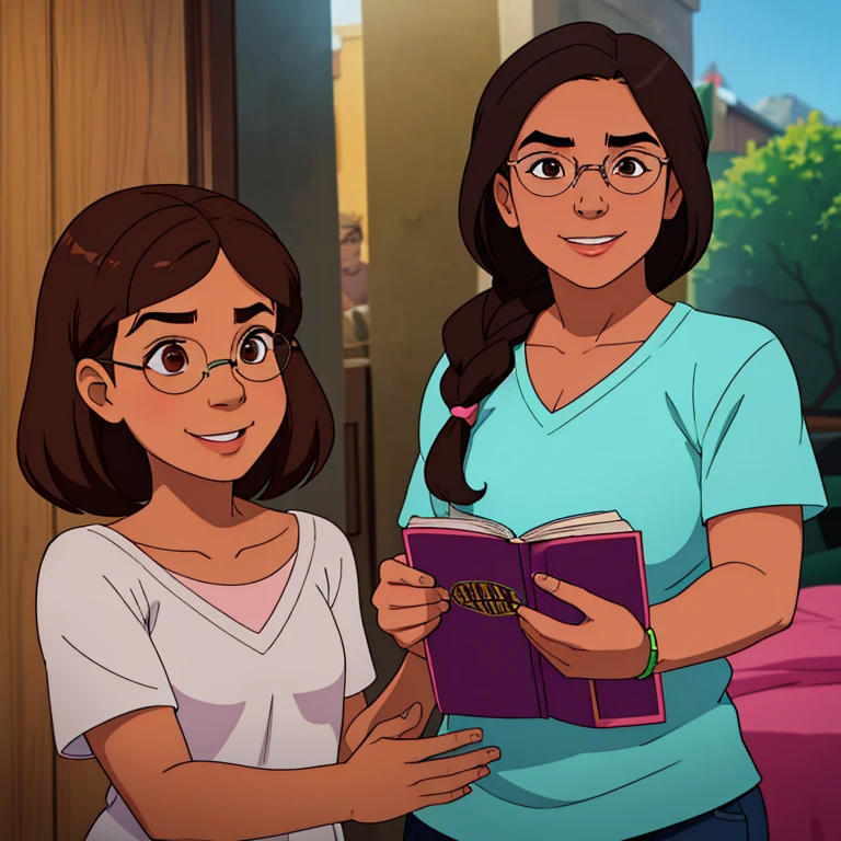 "a Brazilian character: a sweet, 10 to 12-year-old, overweight, white girl from Rio de Janeiro with a medium-length long bob hairstyle. Her hair is brown with pink-tipped ends. She's a geek and gamer, wears glasses(Harry potter style), brown eyes and has an amiable expression with a gentle smile."