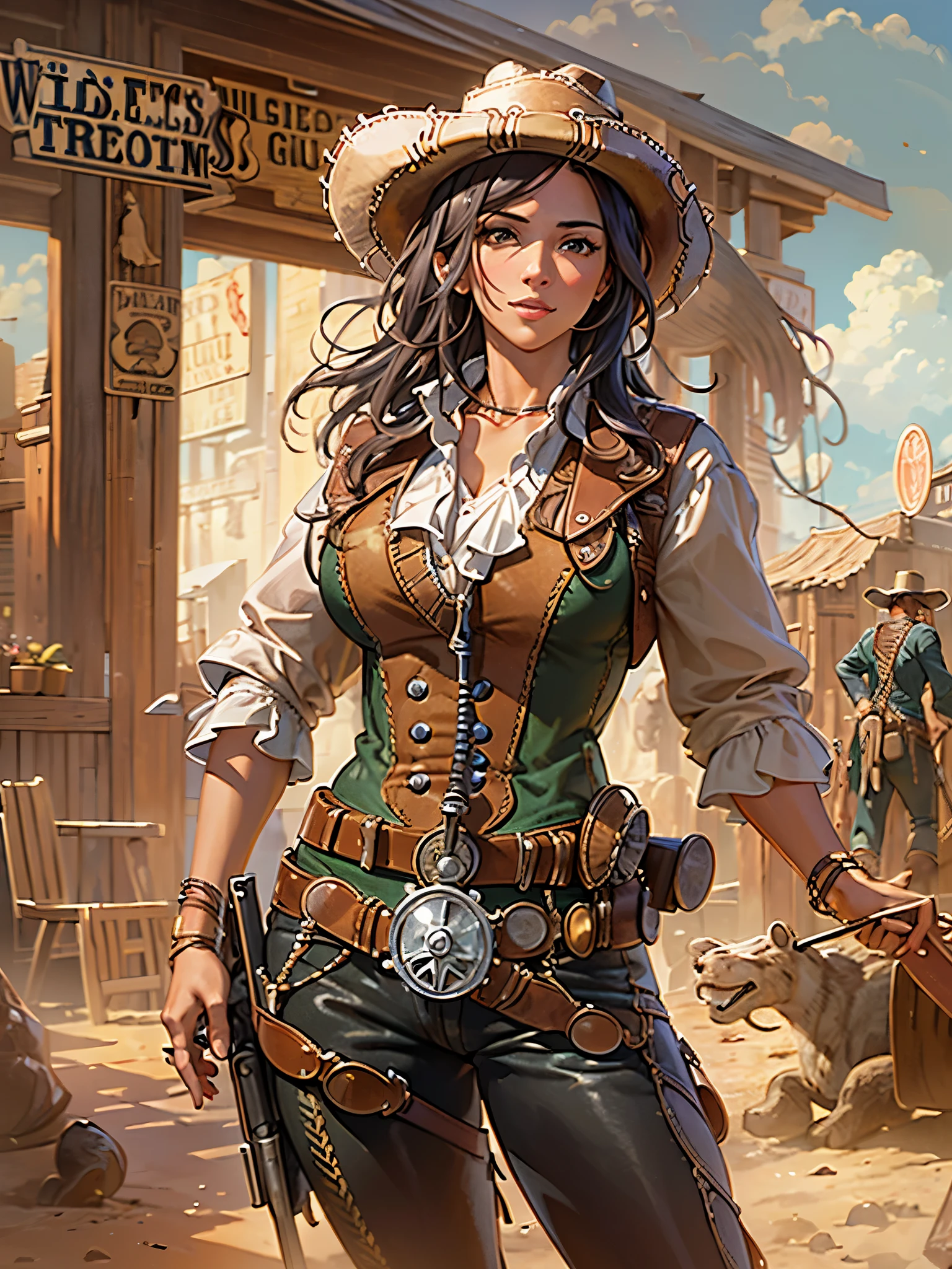 ((Finest quality)),(超A high resolution),(ultra-detailliert),(Meticulous portrayal),((Best CG)),(Finest works of art),Ultra-Precision Art,The art of astounding depiction,(Art with precise depiction in every detail:1.5),(Wild West:1.8), (one female gunman:1.7),confident grin:1.5,Beautiful and well-groomed face:1.6, gun muzzle pointed at viewer:1.8